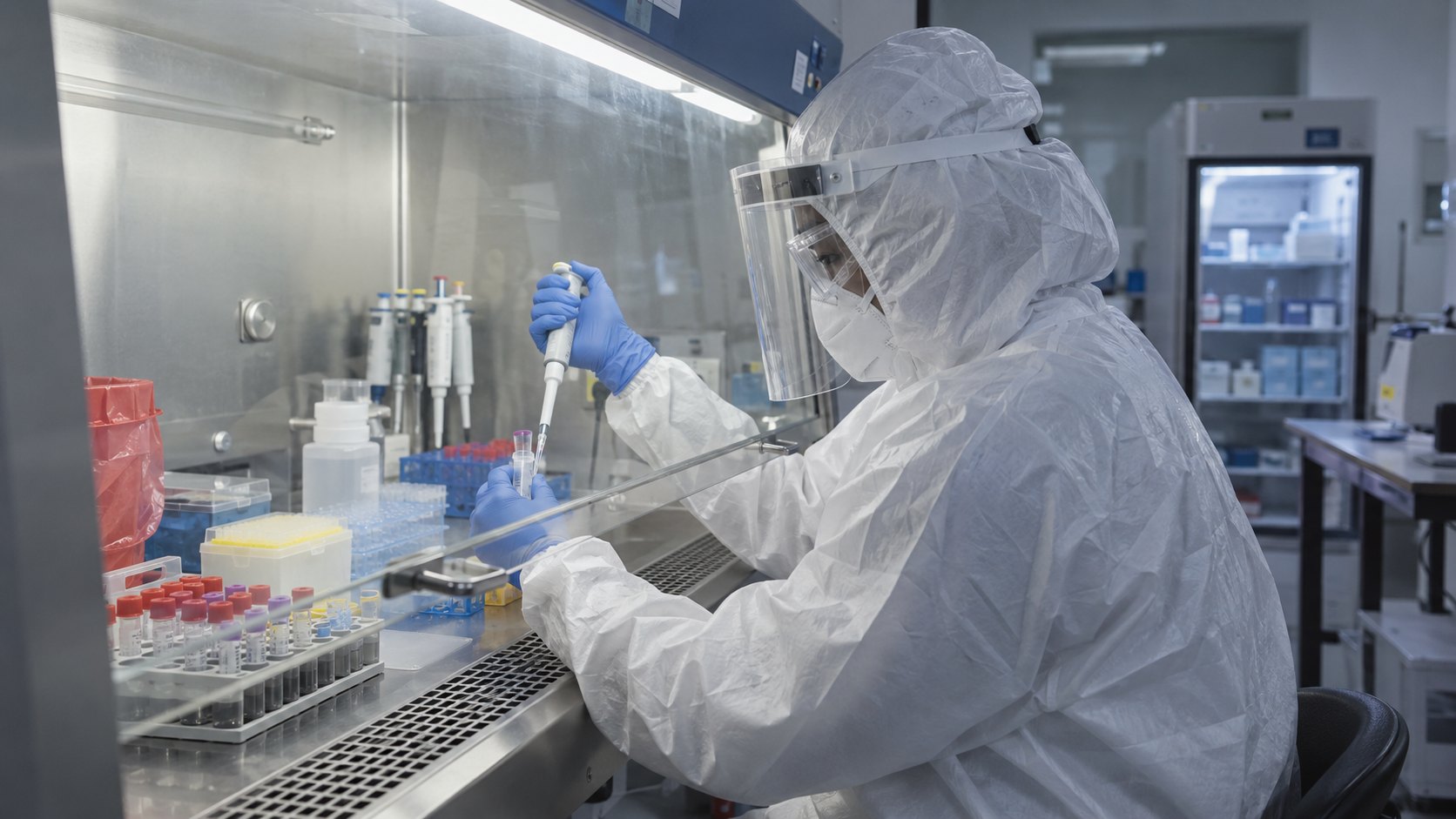 Ilustración editorial generada con IA: una técnica con equipo de protección manipula muestras en una cabina de bioseguridad de un laboratorio de virología; representación genérica, no es una fotografía del laboratorio keniano.
