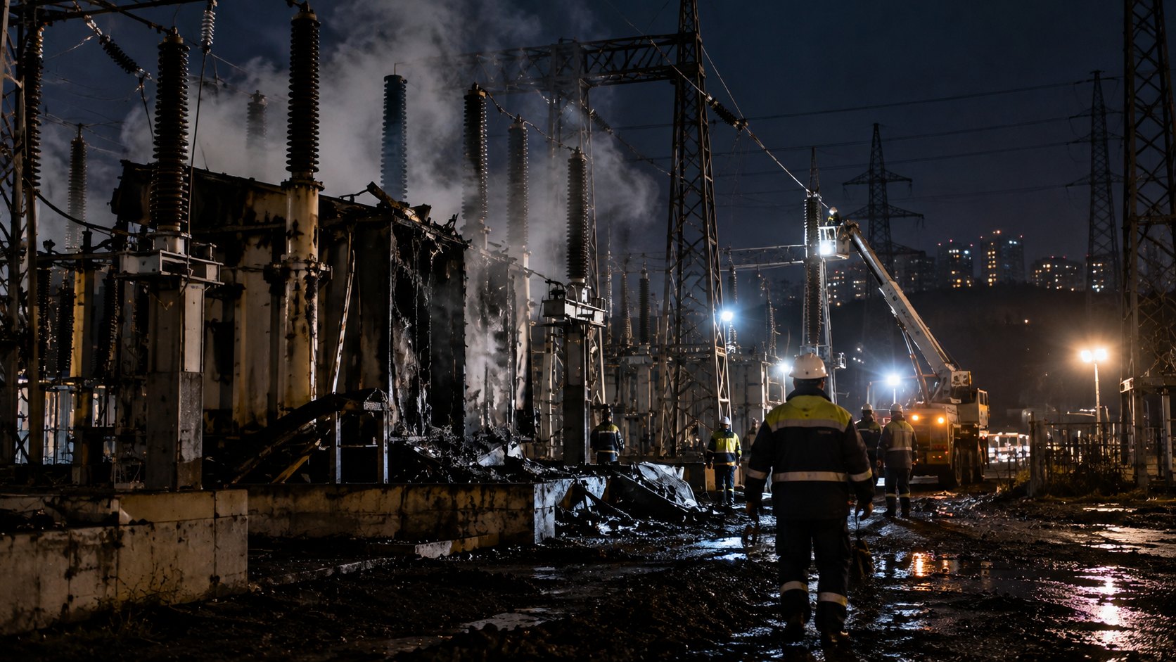 Ilustración editorial generada con IA: una subestación eléctrica de alta tensión de noche, con transformadores quemados y humo, mientras técnicos con casco y chaleco reflectivo trabajan bajo reflectores; composición conceptual, no es una fotografía de la instalación atacada.