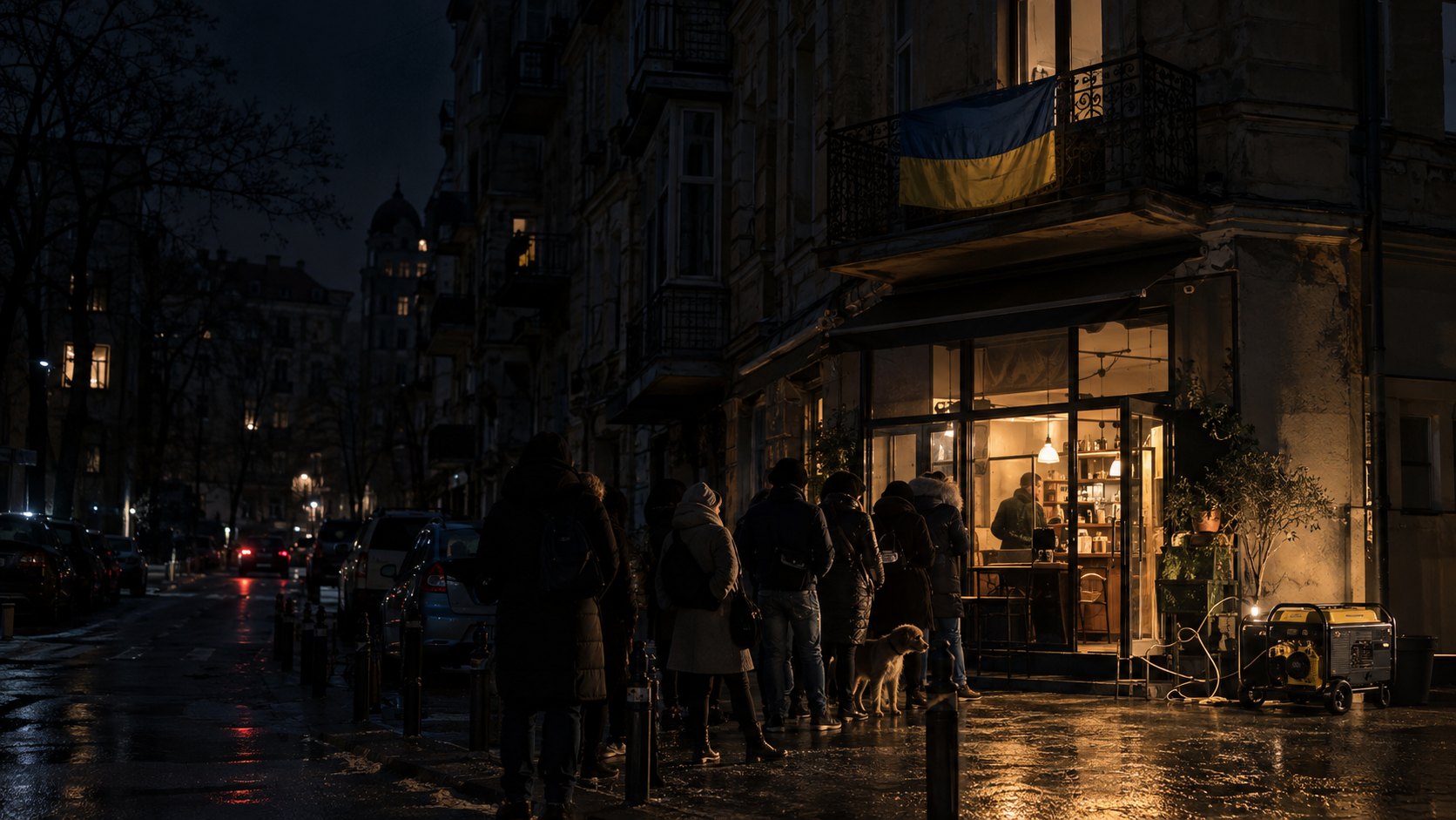 Ilustración editorial generada con IA: una calle de Kiev de noche sin alumbrado, con vecinos abrigados haciendo fila frente a un café iluminado por un generador portátil en la vereda y una bandera de Ucrania en un balcón; composición conceptual, no es una fotografía del apagón.