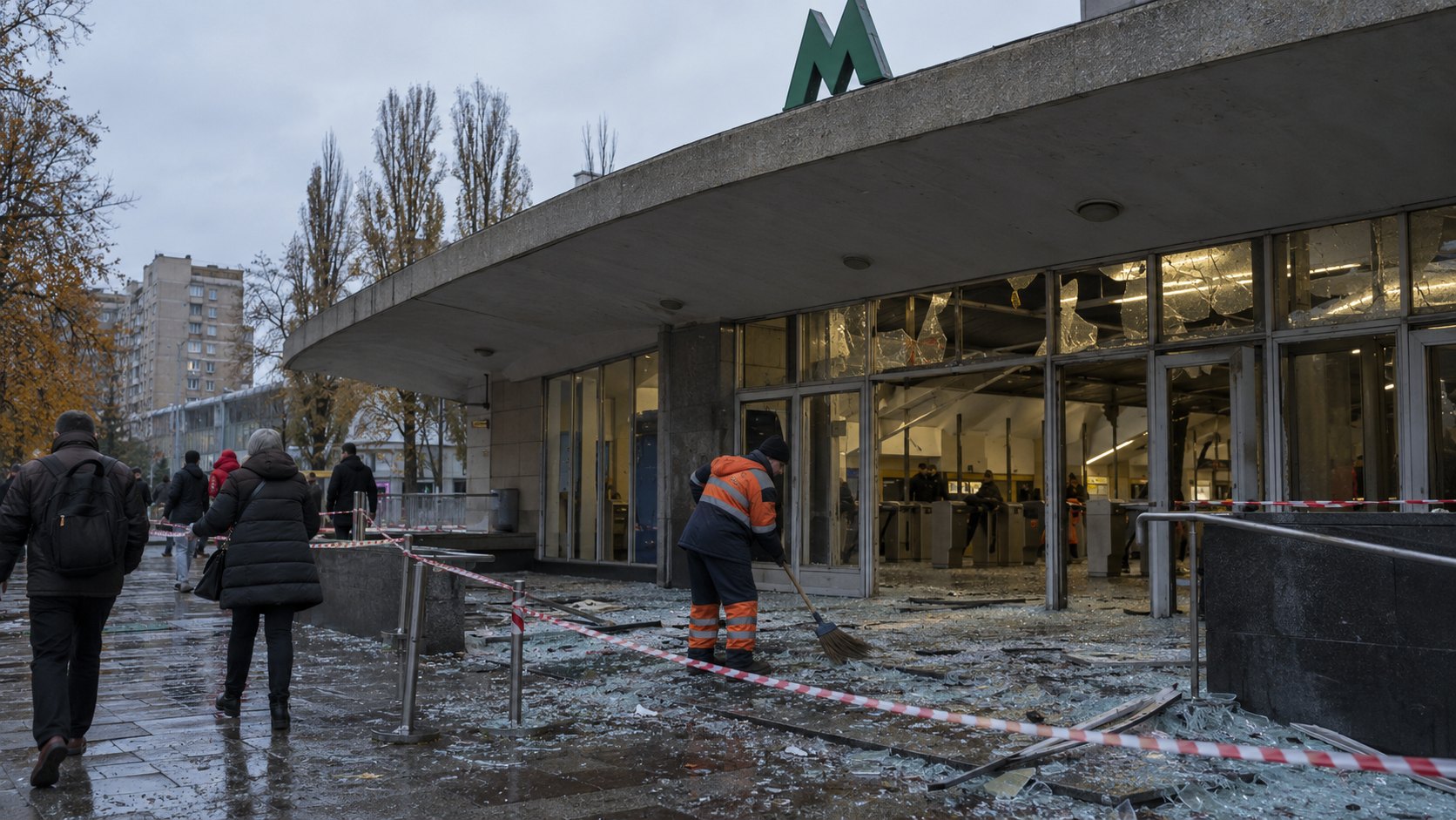 Ilustración editorial generada con IA: la entrada de una estación del metro de Kiev con el cartel de la M verde, vidrios rotos y cinta de seguridad, mientras un trabajador municipal barre los cristales y vecinos con abrigos pasan por la vereda; composición representativa, no es una fotografía de la estación dañada.