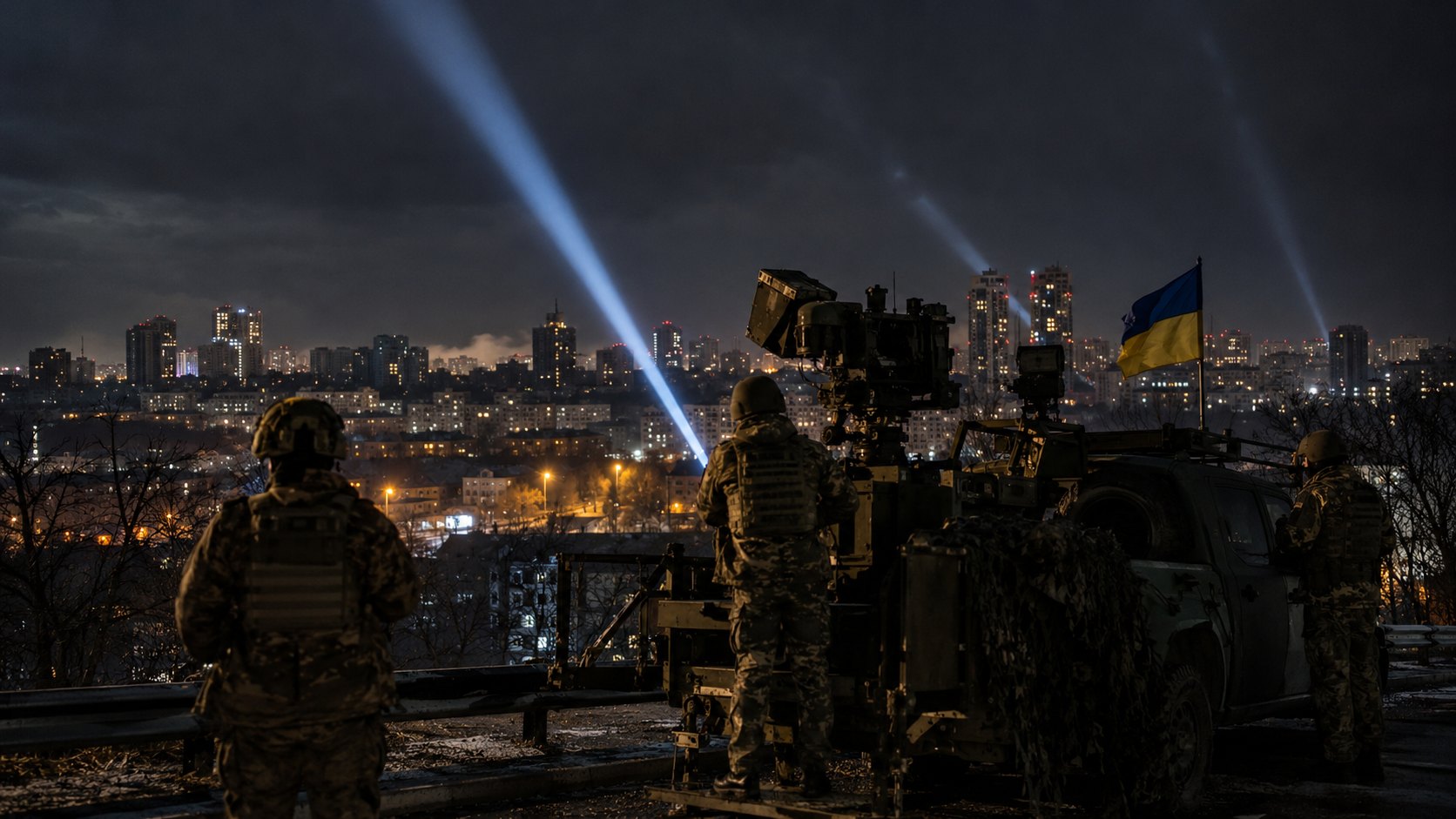 Ilustración editorial generada con IA: de noche, soldados ucranianos de espaldas junto a una unidad móvil de defensa antiaérea con una bandera de Ucrania, mientras reflectores barren el cielo sobre los edificios iluminados de Kiev; composición representativa, no es una fotografía del ataque.