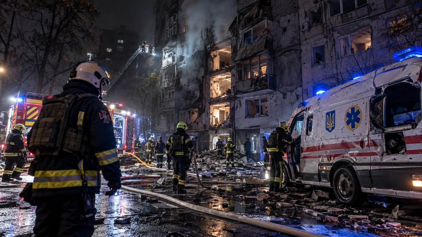 Ilustración editorial generada con IA: rescatistas del Servicio Estatal de Emergencias de Ucrania trabajan de noche entre escombros frente a un edificio de departamentos con ventanas destruidas, junto a una ambulancia ucraniana dañada y autobombas; composición conceptual, no es una fotografía de un edificio ni de un hecho real.