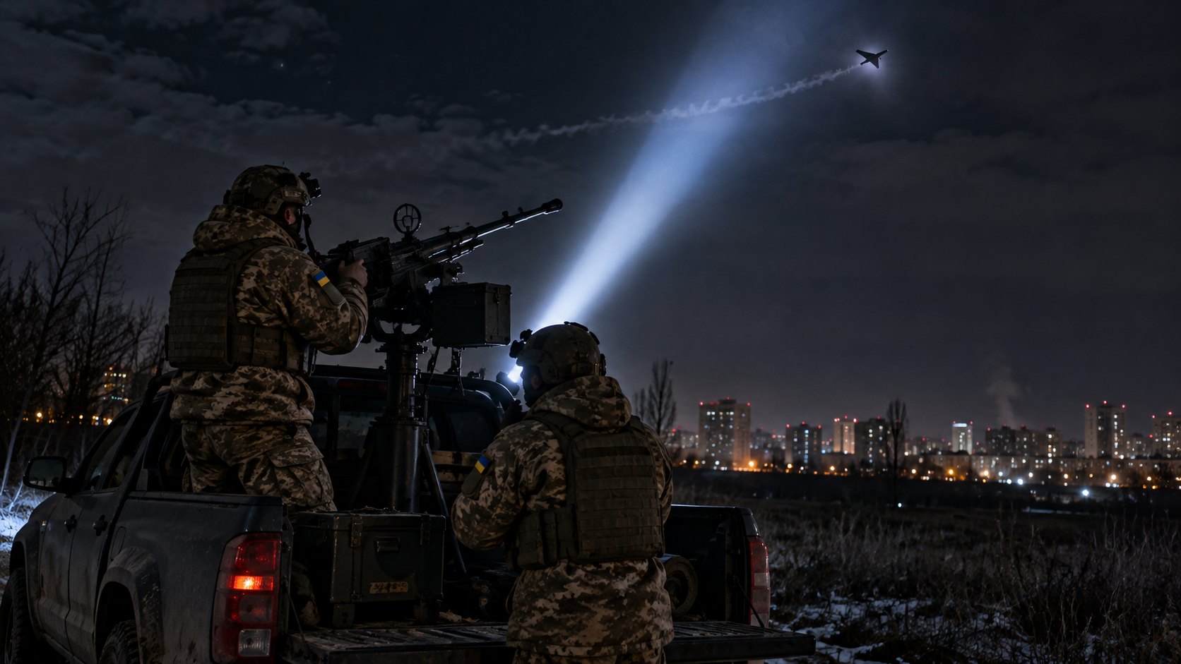Ilustración editorial generada con IA: dos soldados ucranianos de un grupo móvil de defensa antiaérea junto a una ametralladora pesada montada en una camioneta, con un reflector que apunta a un dron en el cielo nocturno y la ciudad iluminada al fondo; composición conceptual, no es una fotografía de una unidad real.