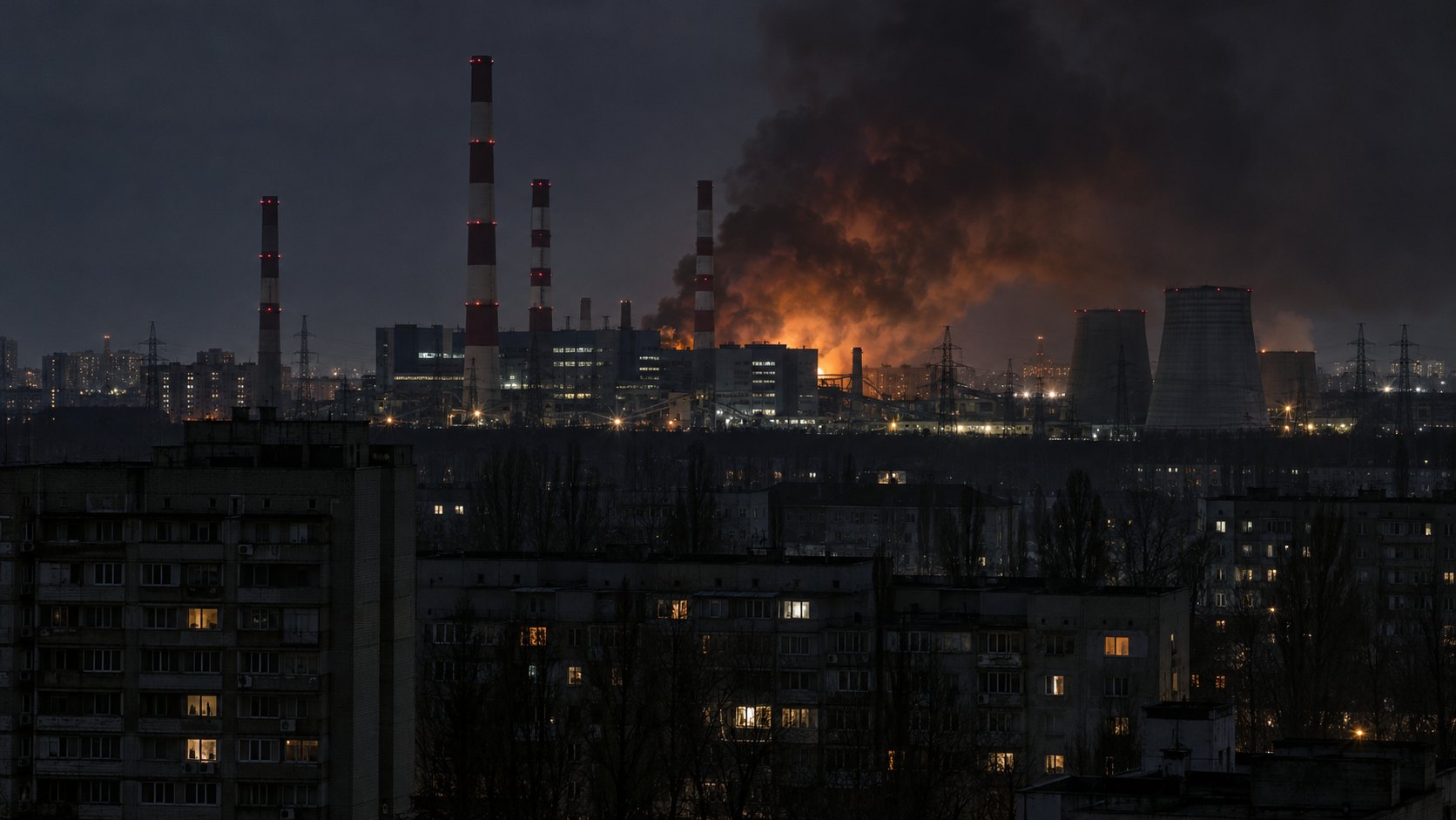 Ilustración editorial generada con IA: una central térmica de Kiev, de noche, con chimeneas a rayas y una columna de humo iluminada por un resplandor naranja, y edificios con pocas ventanas encendidas en primer plano; composición conceptual, no es una fotografía de la central CHP-4 tras el ataque.
