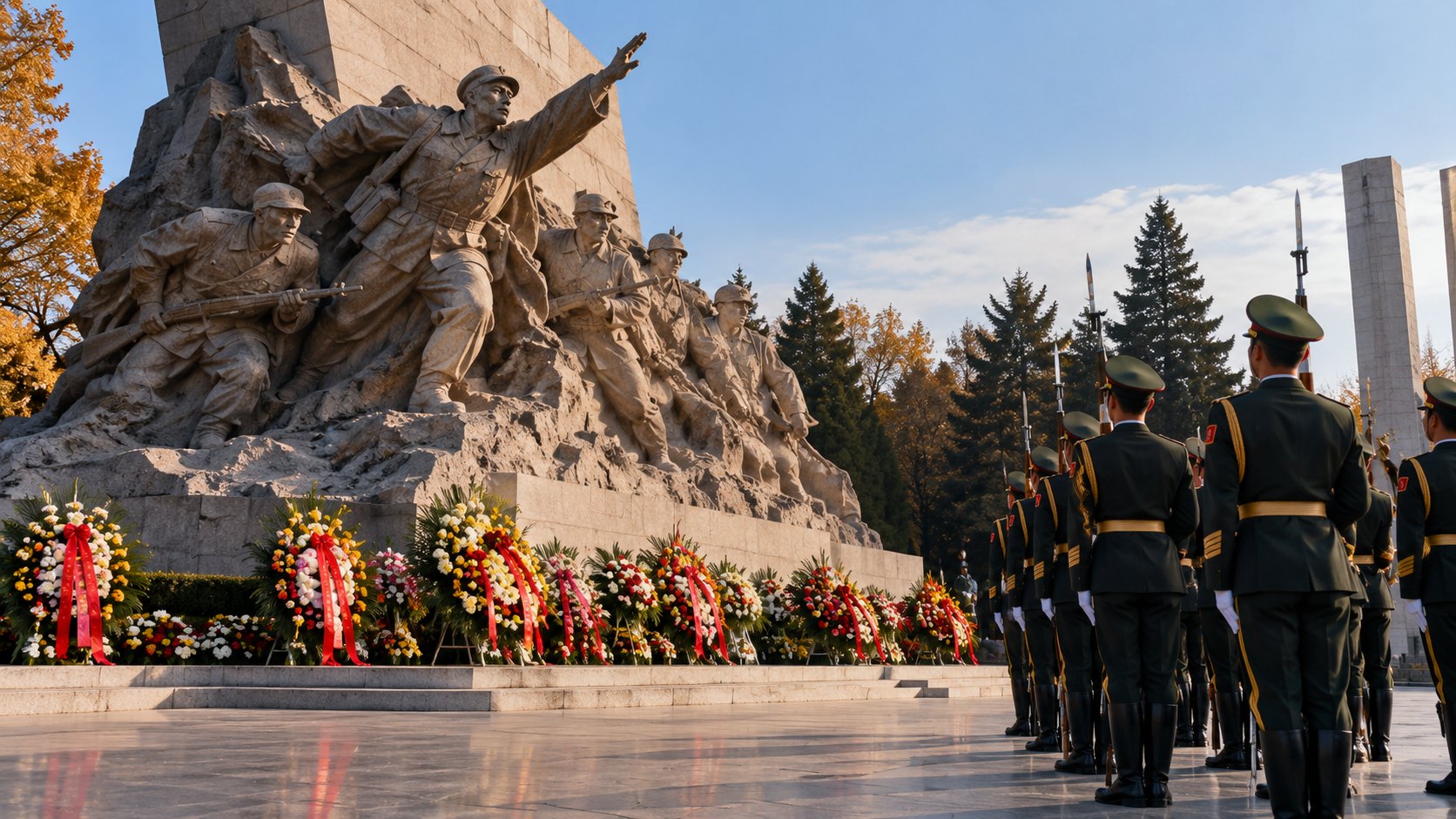 Ilustración editorial generada con IA: un monumento de piedra con relieves de soldados de la Guerra de Corea, coronas de flores al pie y una guardia de honor del ejército chino en formación; composición conceptual, no es una fotografía del memorial visitado por Kim y Wang Huning.