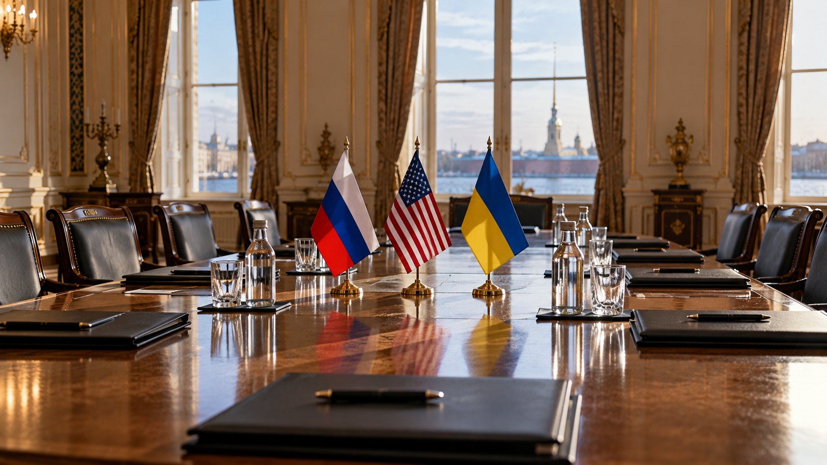 Ilustración editorial generada con IA: una sala de negociaciones vacía con una mesa larga de madera, sillas, carpetas cerradas y tres pequeñas banderas de mesa de Rusia, Estados Unidos y Ucrania, iluminada por ventanales; composición conceptual, no es una fotografía de una negociación real.
