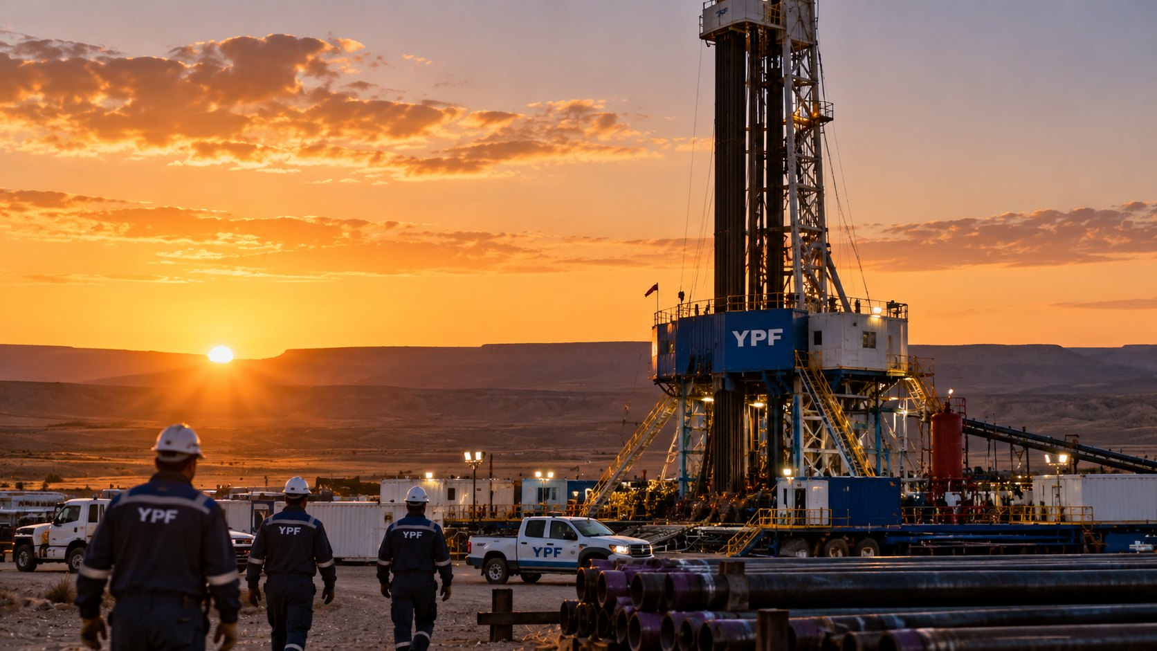Ilustración editorial generada con IA: un equipo de perforación con el logo de YPF en la meseta neuquina al atardecer, con trabajadores de espaldas, una camioneta de la empresa y tuberías apiladas; composición conceptual, no es una fotografía de un pozo real.