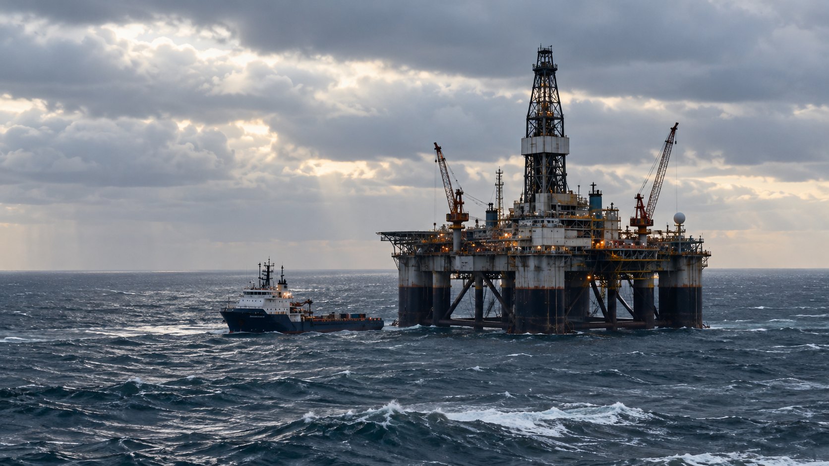 Ilustración editorial generada con IA: una plataforma de perforación petrolera offshore en un mar gris y agitado bajo un cielo nublado, con un buque de apoyo cerca; composición conceptual, no es una fotografía de una plataforma o un proyecto identificados en Malvinas.