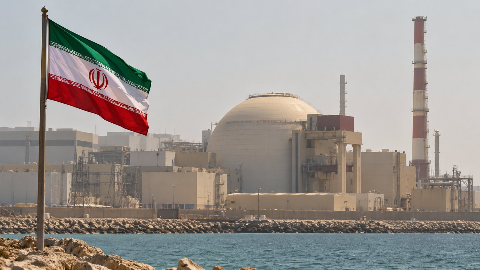 Ilustración editorial generada con IA: el edificio del reactor de una central nuclear con su cúpula, en la costa del golfo Pérsico, y una bandera de Irán en primer plano; composición conceptual, no es una fotografía de la central de Bushehr.