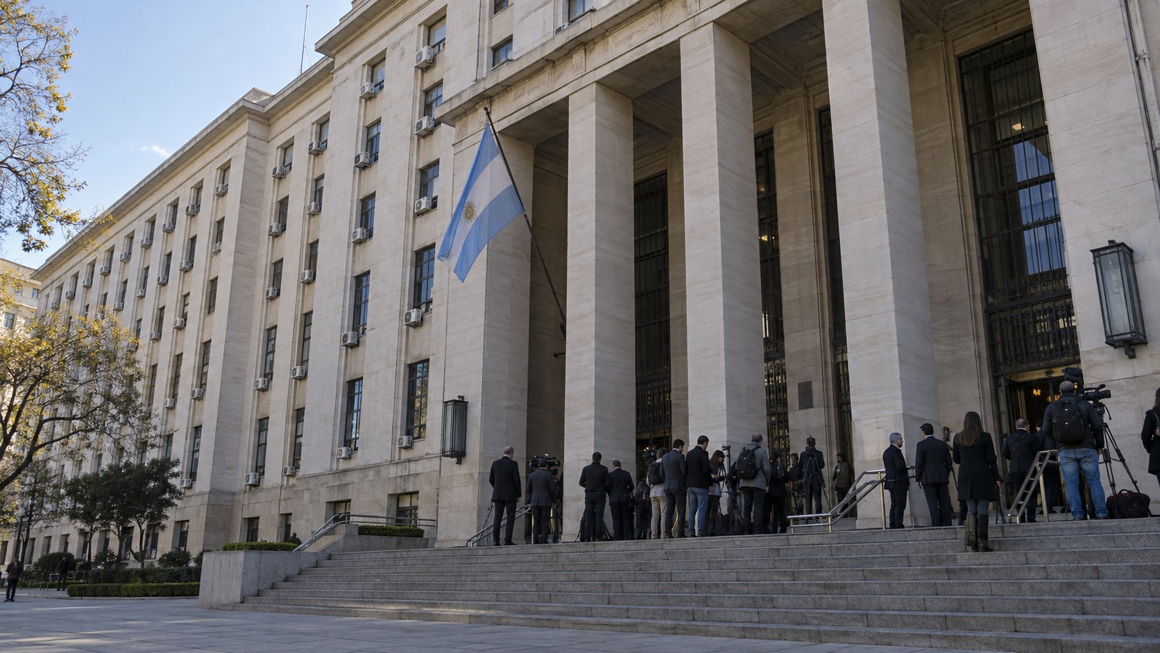 Ilustración editorial generada con IA: la fachada de los tribunales federales de Comodoro Py, en Retiro, con una bandera argentina en el frente y periodistas con cámaras en la escalinata; composición conceptual, no es una fotografía del día del fallo.