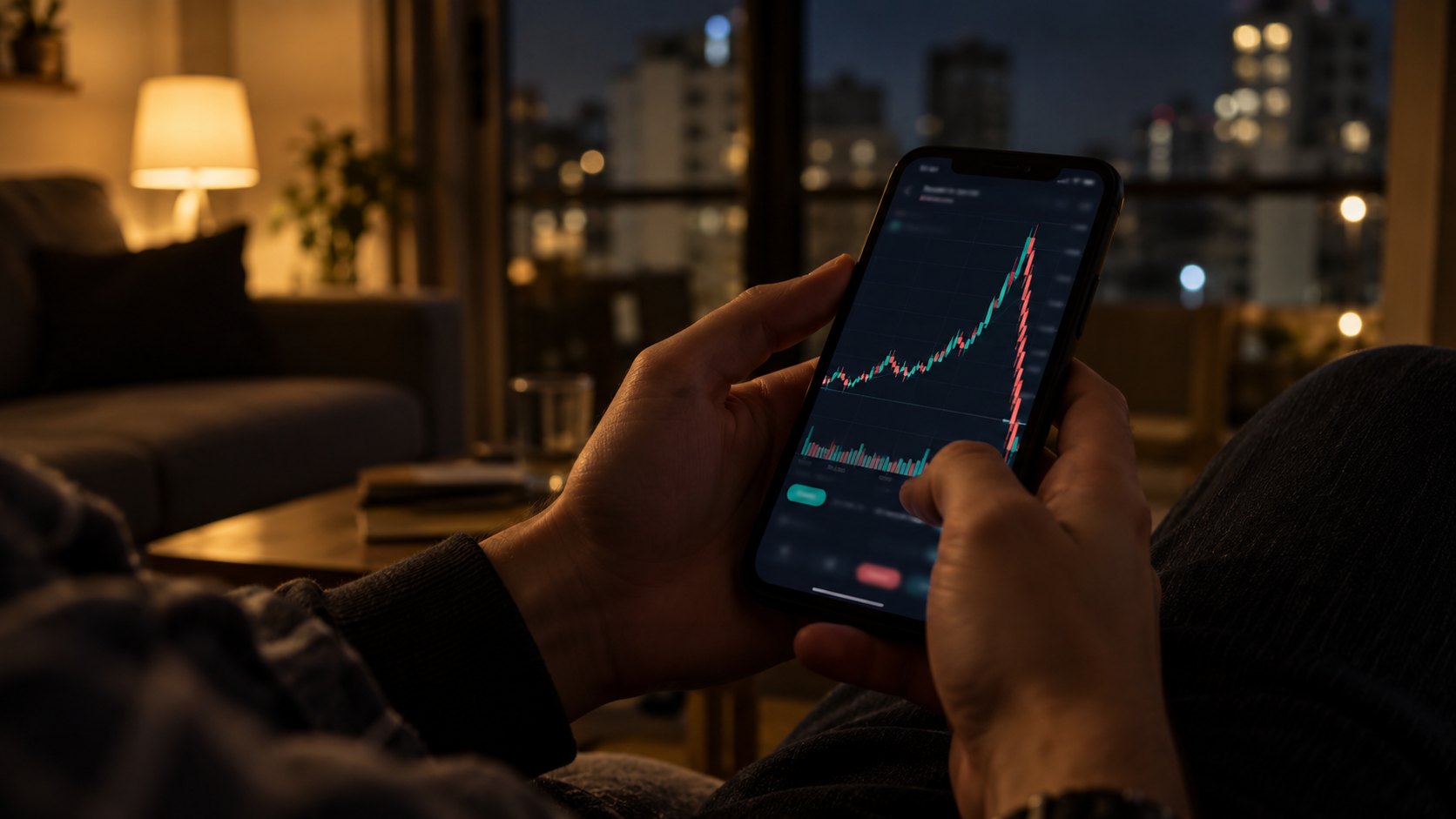 Ilustración editorial generada con IA: las manos de un inversor sostienen de noche un celular con el gráfico de una criptomoneda que se dispara y se desploma; composición conceptual, no reproduce la cotización real de $LIBRA.