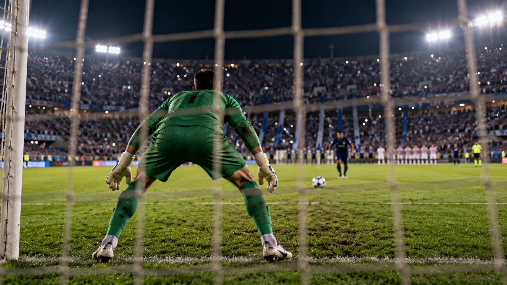 Ilustración editorial generada con IA: un arquero se prepara bajo los tres palos ante un penal en un estadio argentino de noche, con la tribuna colmada de fondo; composición conceptual, no es una fotografía de un partido identificado.