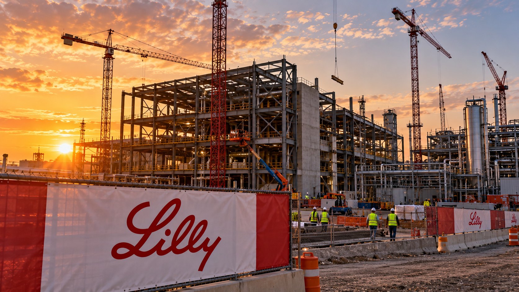 Ilustración editorial generada con IA: la obra en construcción de una nueva planta farmacéutica con grúas torre y estructura de acero al amanecer, y un cerco con el logo de Lilly en primer plano; composición conceptual, no es una fotografía documental.
