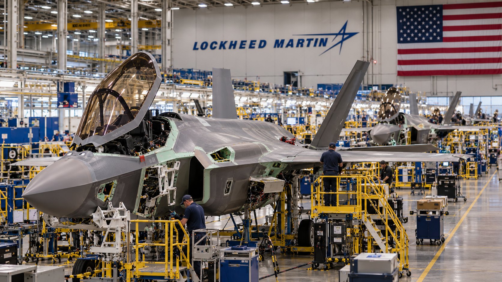 Ilustración editorial generada con IA: cazas F-35 en distintas etapas de armado en una línea de ensamblaje con el logo de Lockheed Martin y una bandera de Estados Unidos en la pared, con operarios trabajando; composición conceptual, no es una fotografía de la planta de Fort Worth.