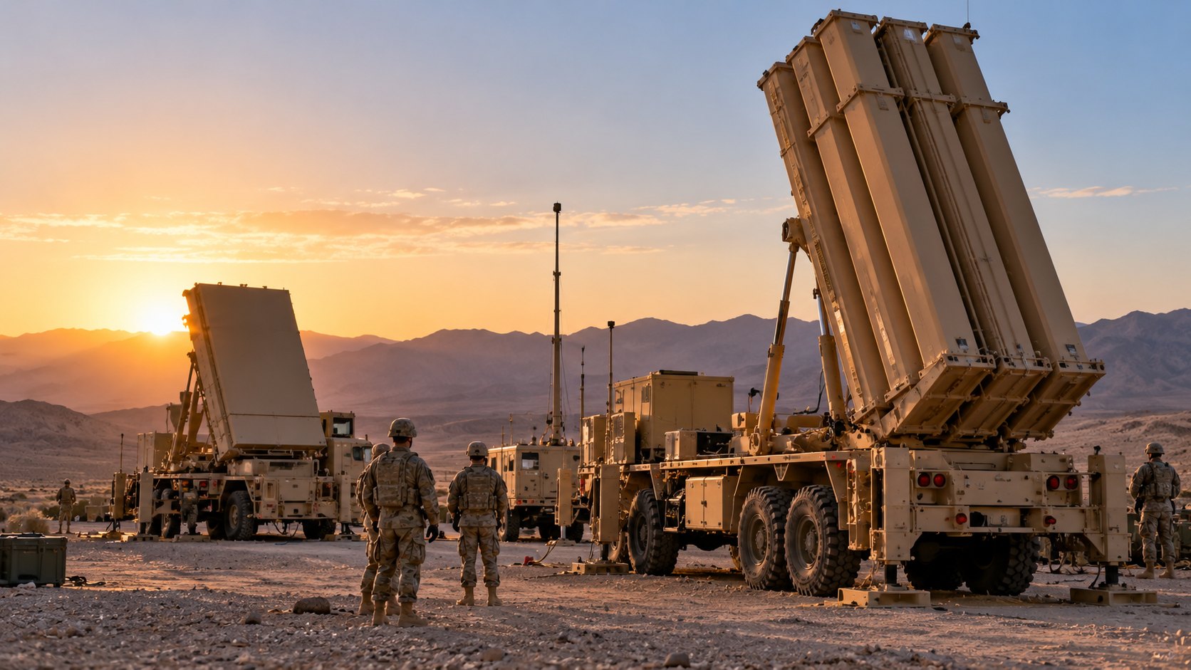 Ilustración editorial generada con IA: lanzadores y radar del sistema antimisiles THAAD desplegados en un paisaje desértico al amanecer, con soldados de espaldas junto a los vehículos; composición conceptual, no es una fotografía de un despliegue real.