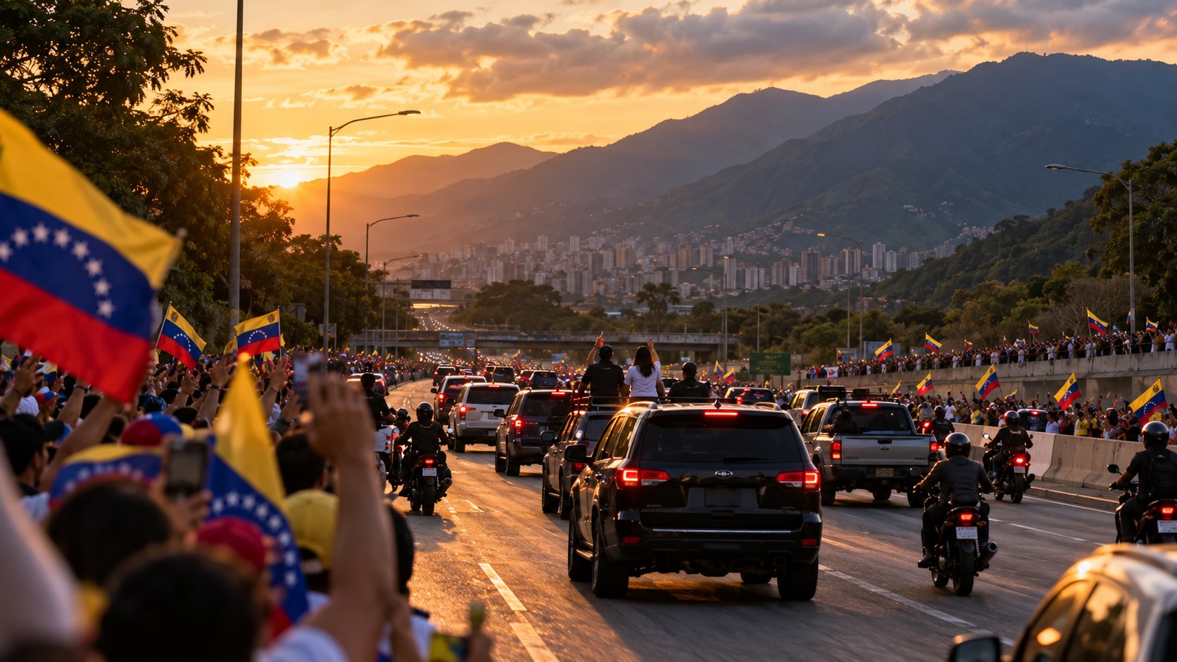Ilustración editorial generada con IA: una caravana de camionetas y motos avanza al atardecer por una autopista hacia Caracas entre simpatizantes que agitan banderas de Venezuela, con los cerros del valle al fondo; composición conceptual, no es una fotografía de la caravana real.