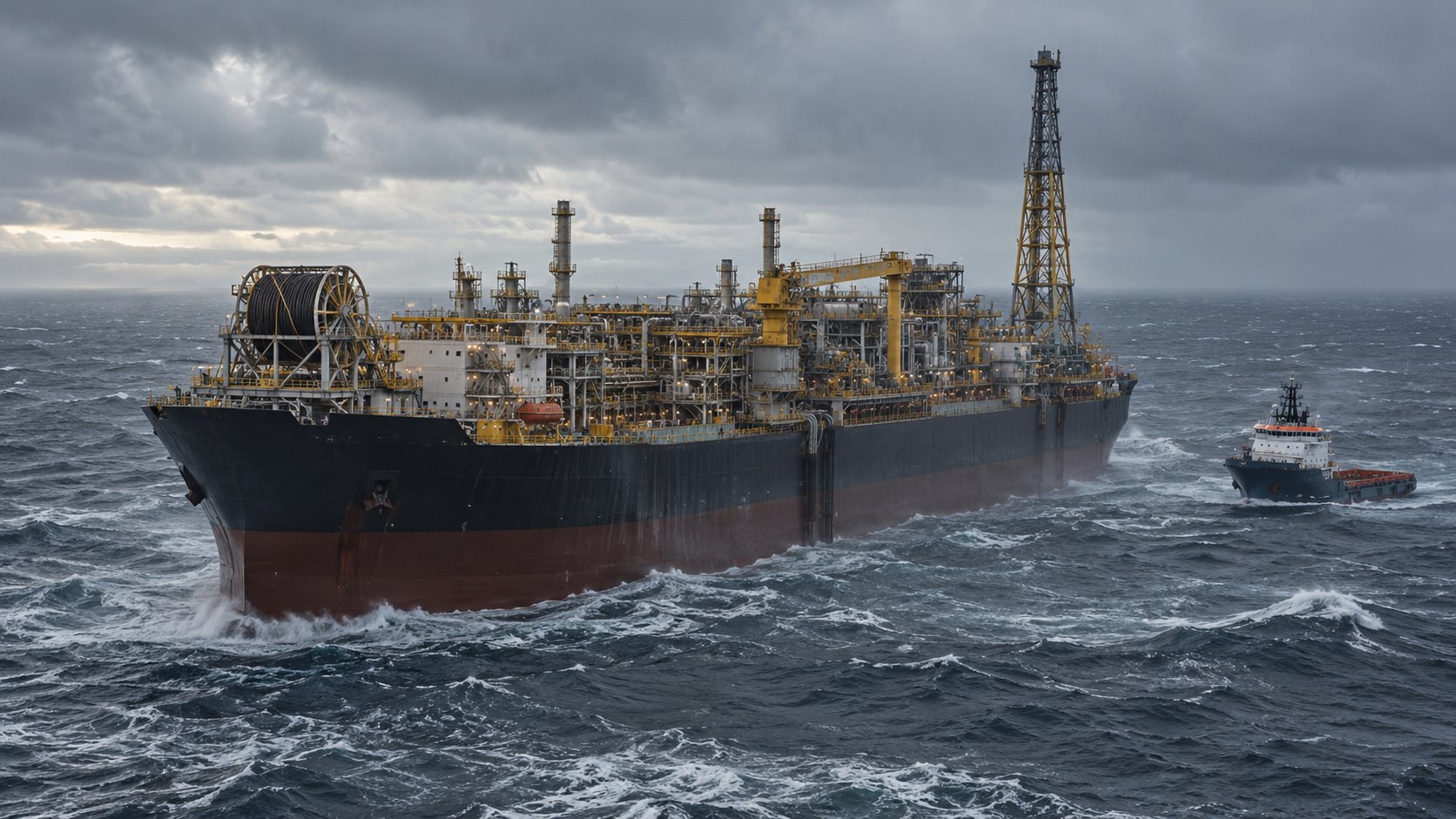 Ilustración editorial generada con IA: un buque de producción y almacenamiento flotante (FPSO) en el Atlántico Sur agitado, bajo un cielo cargado, con un buque de apoyo cerca; composición conceptual, no es una fotografía del proyecto Sea Lion.