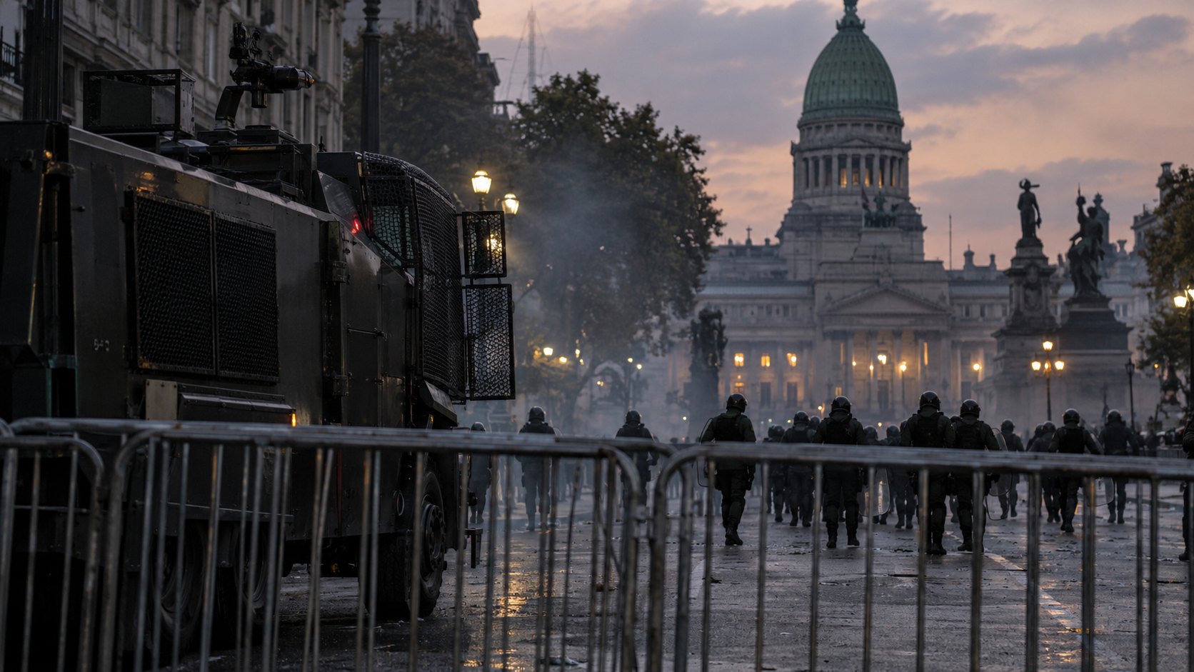 Ilustración editorial generada con IA: vallas metálicas, un camión hidrante y efectivos de las fuerzas federales de espaldas sobre la avenida Rivadavia, frente al Congreso, con restos de humo de gas en el aire al atardecer; composición representativa, no es una fotografía de los incidentes del 15 de octubre.