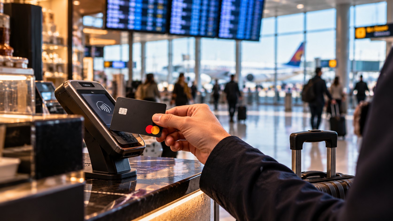 Ilustración editorial generada con IA: un viajero paga con una tarjeta Mastercard en una terminal de un aeropuerto internacional; composición conceptual, no es una fotografía documental.
