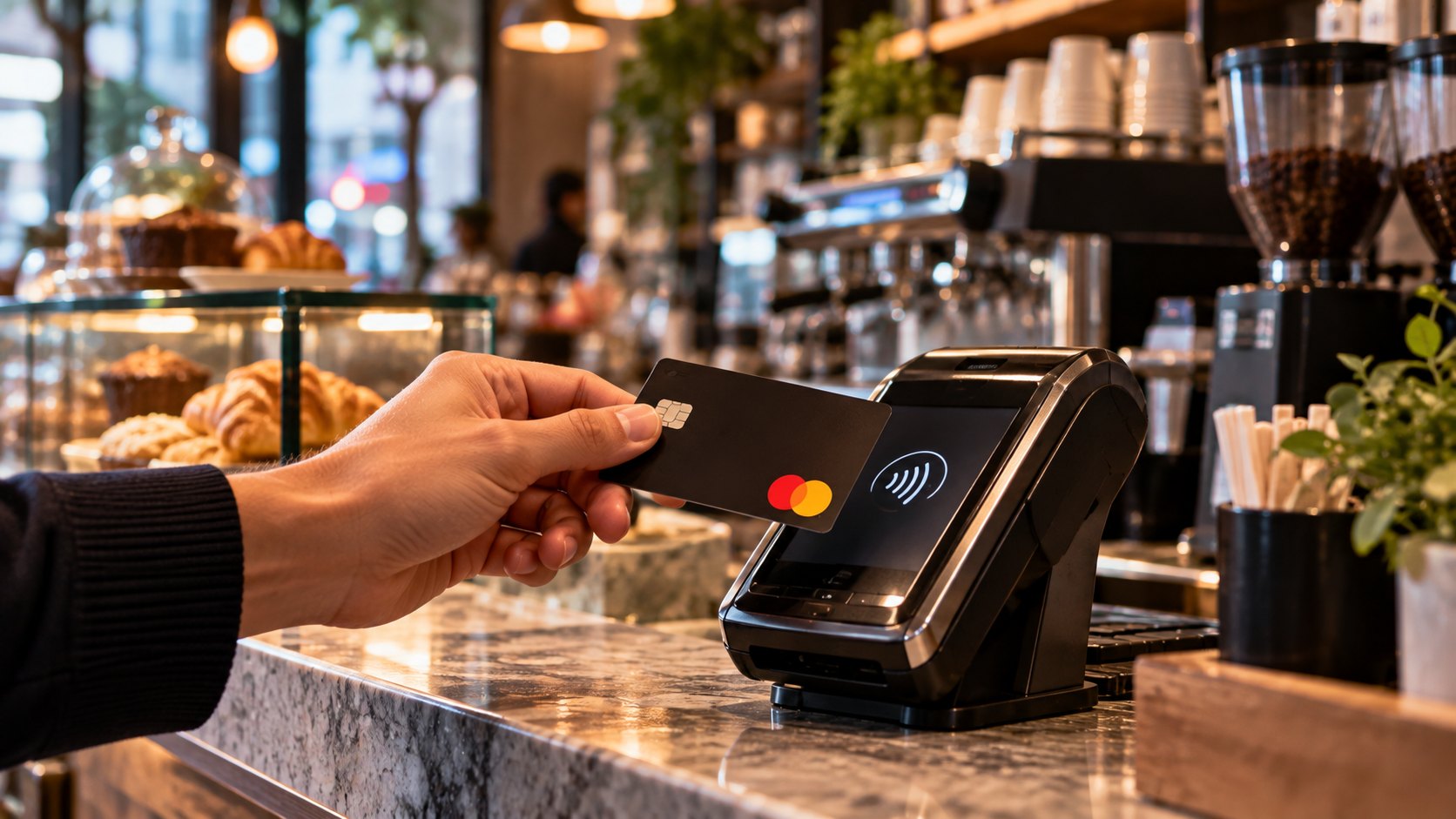Ilustración editorial generada con IA: pago sin contacto con una tarjeta Mastercard en el mostrador de un comercio; composición conceptual, no es una fotografía documental.