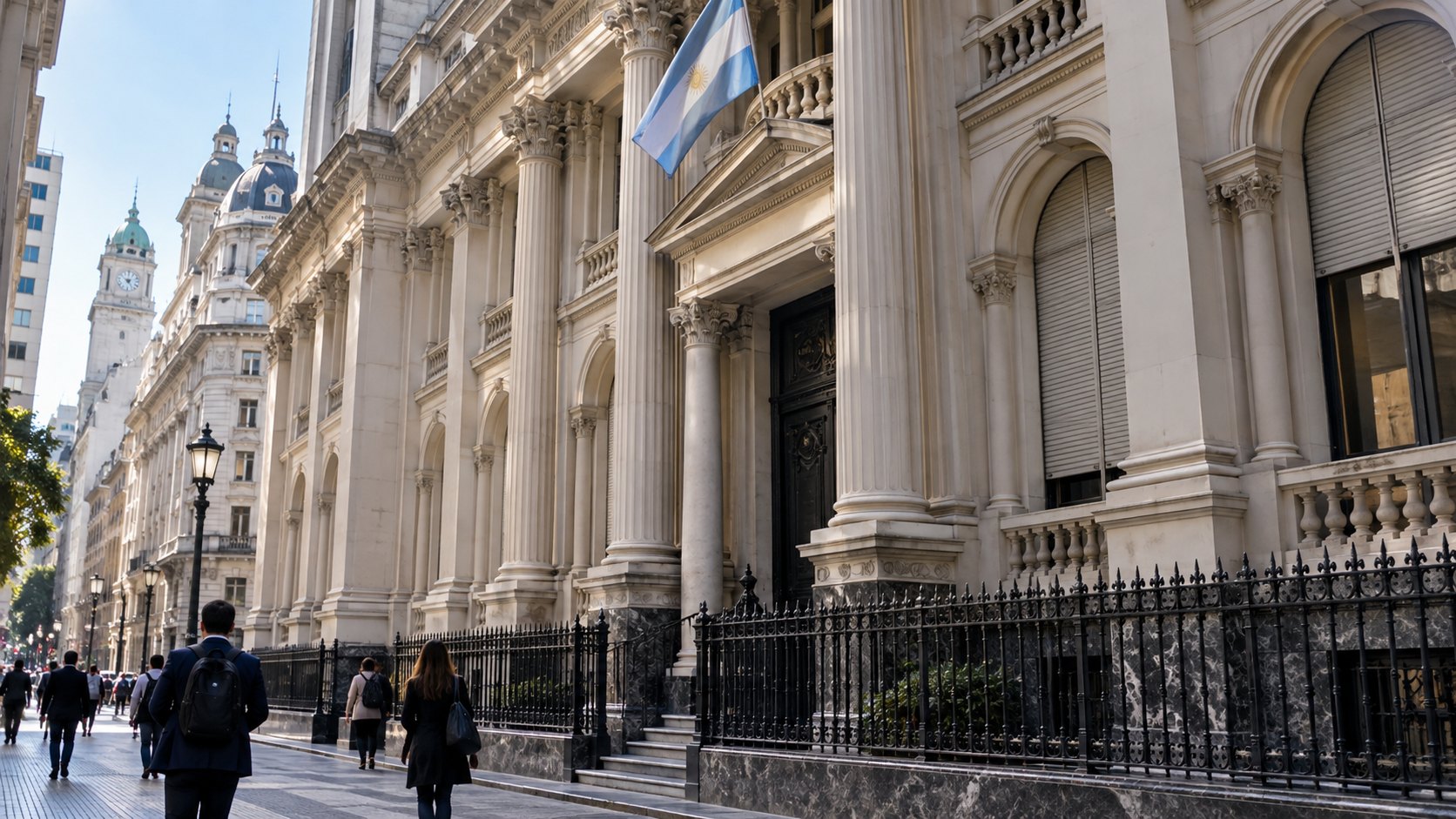 Ilustración editorial generada con IA: el edificio del Banco Central de la República Argentina en el microcentro porteño; composición conceptual, no es una fotografía de un hecho real.