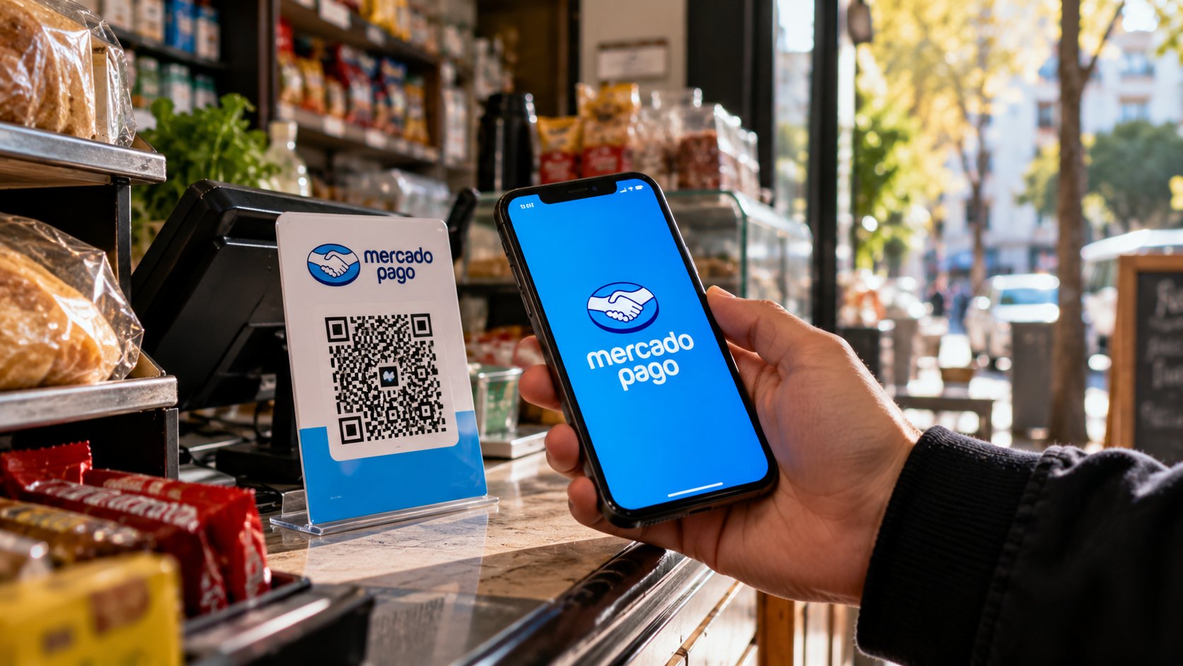 Ilustración editorial generada con IA: una persona paga con la aplicación de Mercado Pago en el celular frente al código QR de un comercio; composición conceptual, no es una fotografía de un hecho real.