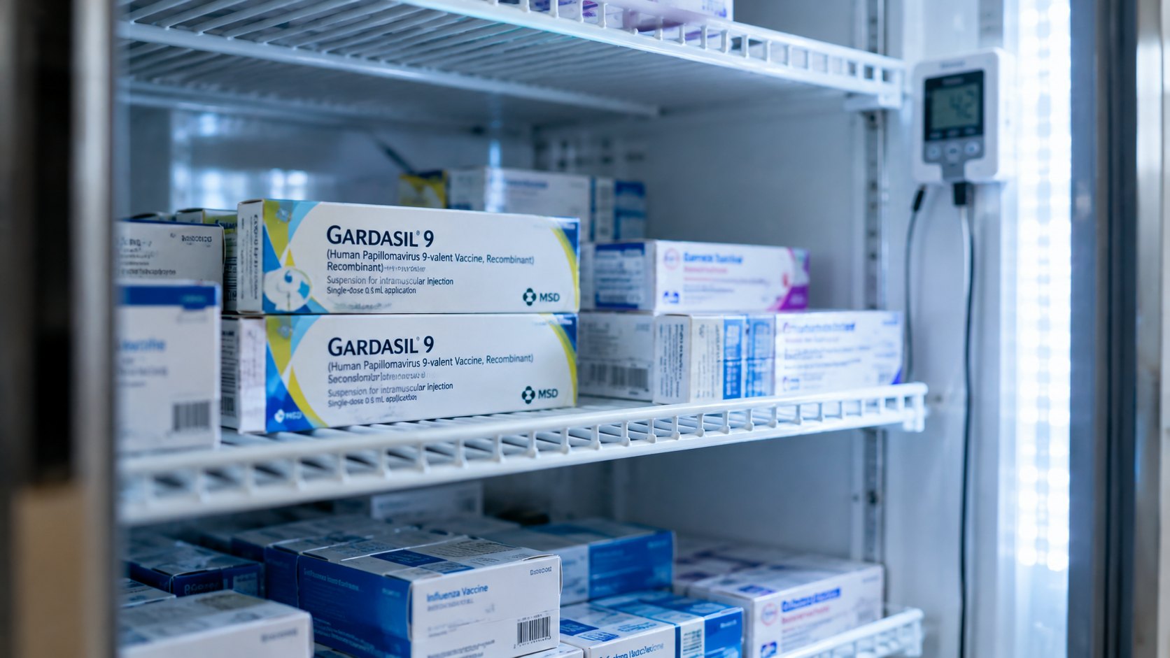 Ilustración editorial generada con IA: estantes de una heladera farmacéutica de un vacunatorio con cajas de la vacuna Gardasil 9 de MSD; composición conceptual, no es una fotografía documental.