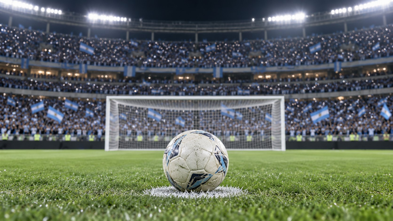 Ilustración editorial generada con IA: una pelota de fútbol apoyada sobre el punto penal del césped de un estadio de noche, con el arco iluminado y una tribuna repleta de banderas celestes y blancas desenfocada al fondo; no es una fotografía del partido.