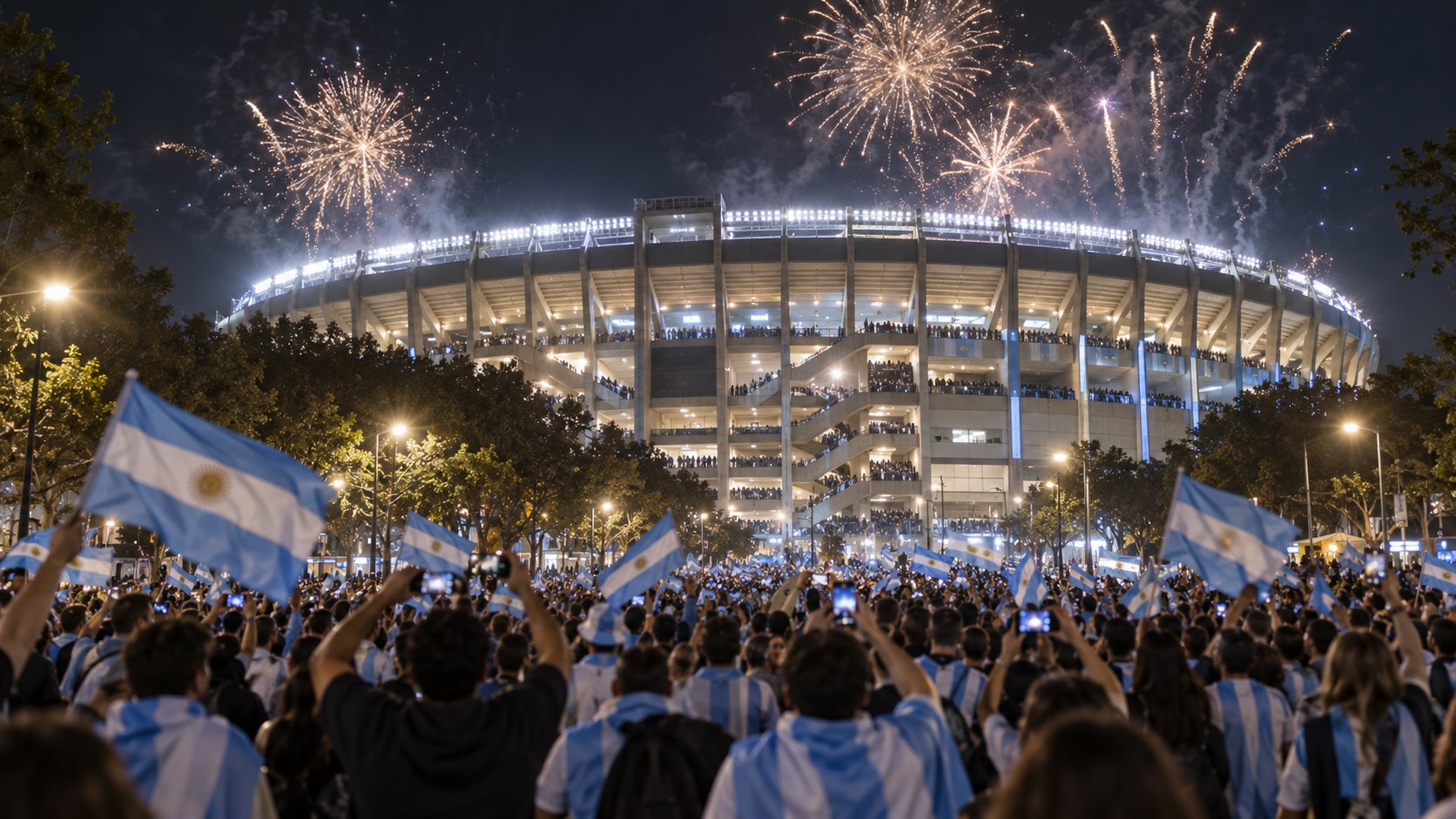 Ilustración editorial generada con IA: una multitud de hinchas de espaldas, con camisetas y banderas argentinas, frente a un gran estadio iluminado de noche mientras estallan fuegos artificiales en el cielo; no es una fotografía del estadio Monumental ni de personas reales.