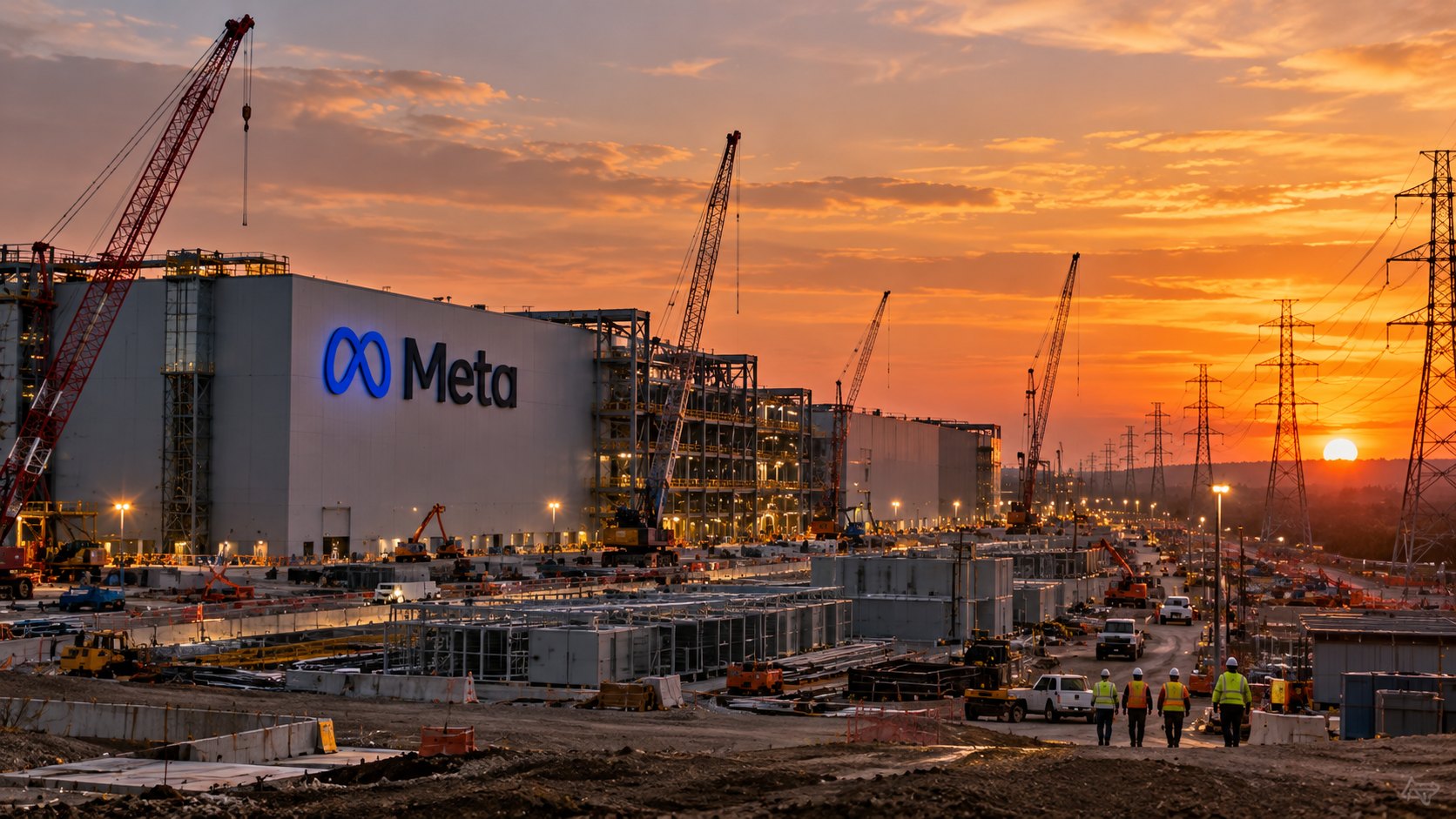 Ilustración editorial generada con IA: un gran centro de datos en construcción con el logo de Meta en la fachada, grúas y torres de alta tensión en una llanura al atardecer; composición conceptual, no es una fotografía de una obra real.