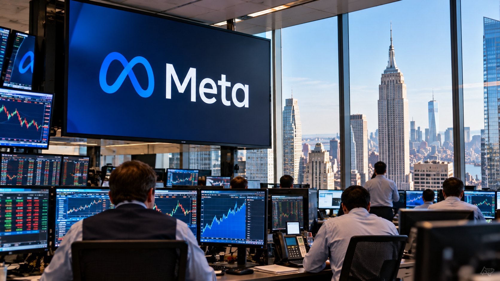 Ilustración editorial generada con IA: una mesa de operaciones de un banco en Manhattan con operadores de espaldas frente a monitores y una pantalla grande con el logo de Meta; composición conceptual, no es una fotografía de la colocación.