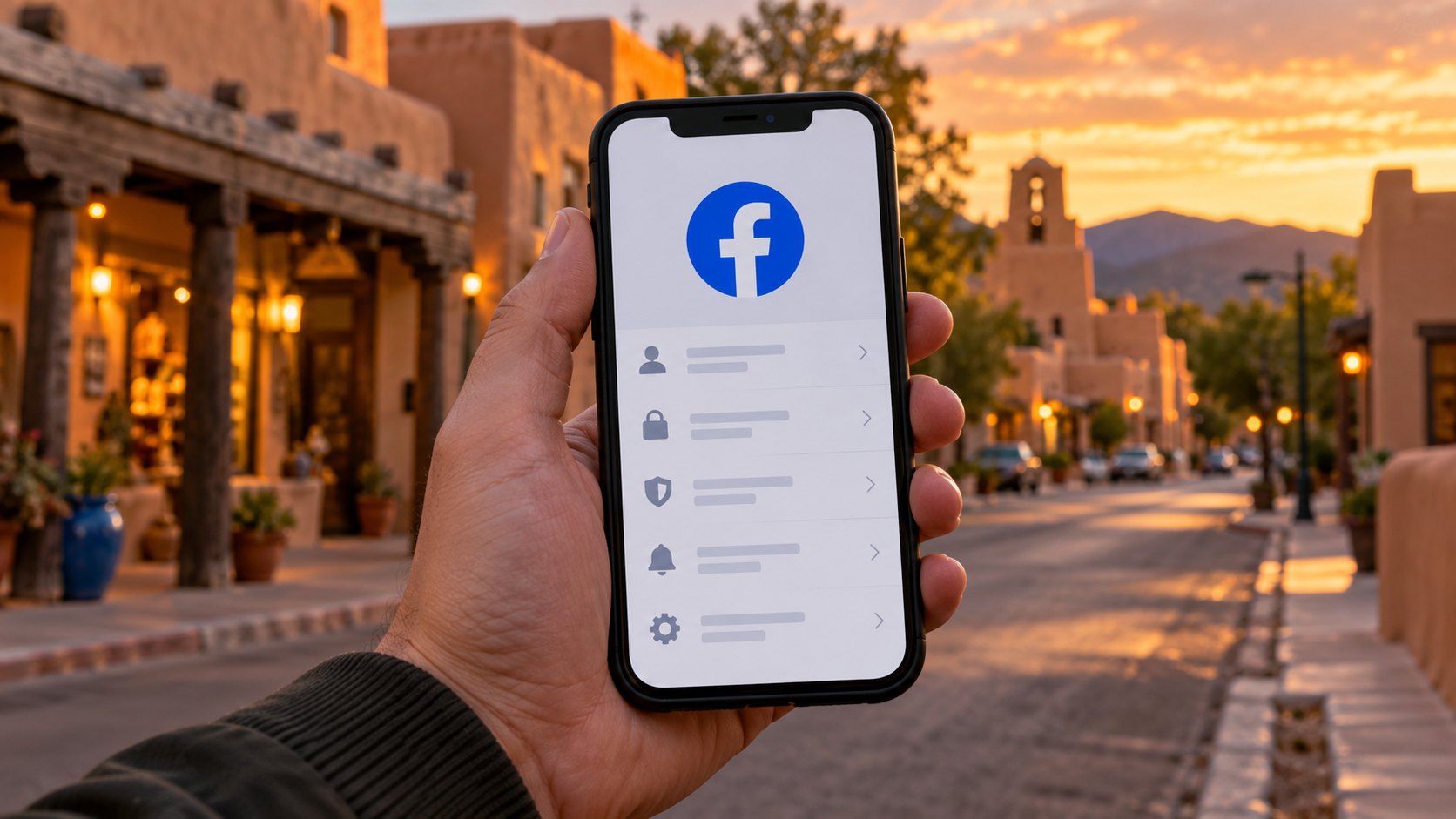 Ilustración editorial generada con IA: una persona sin rostro visible sostiene un celular con la aplicación de Facebook abierta en una calle con arquitectura de adobe de Nuevo México; composición conceptual, no es una fotografía de un hecho real.