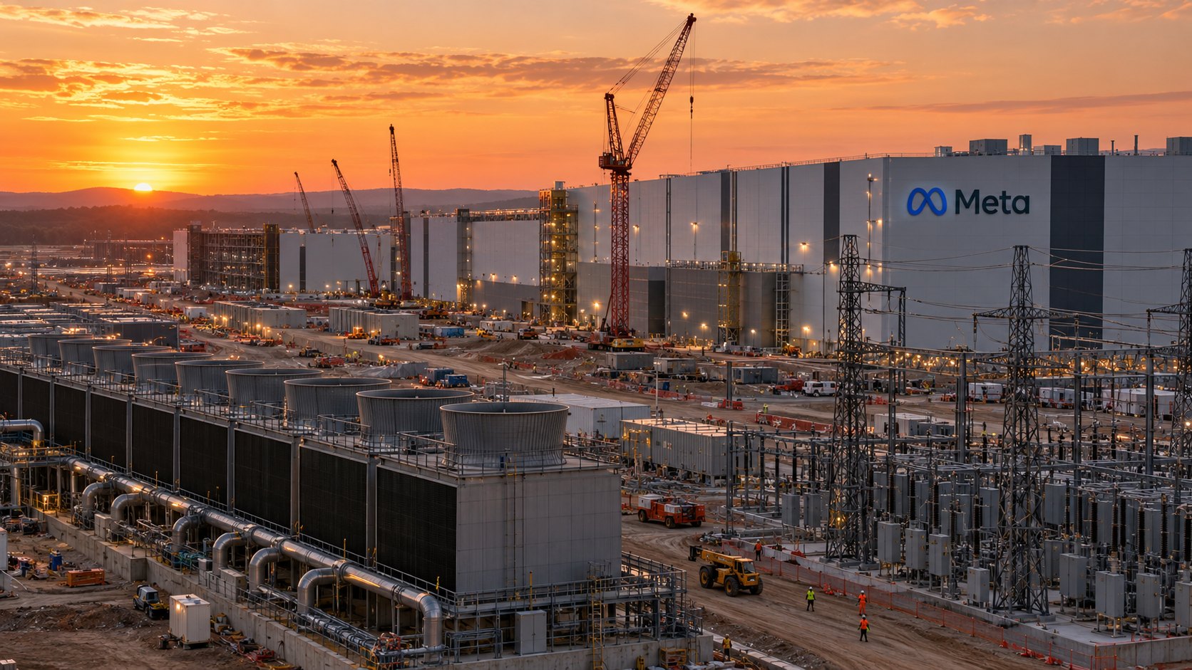 Ilustración editorial generada con IA: un gran centro de datos de Meta en construcción al atardecer, con grúas, torres de refrigeración, una subestación eléctrica y el logo de Meta en la fachada de un edificio terminado; composición conceptual, no es una fotografía de una instalación real.