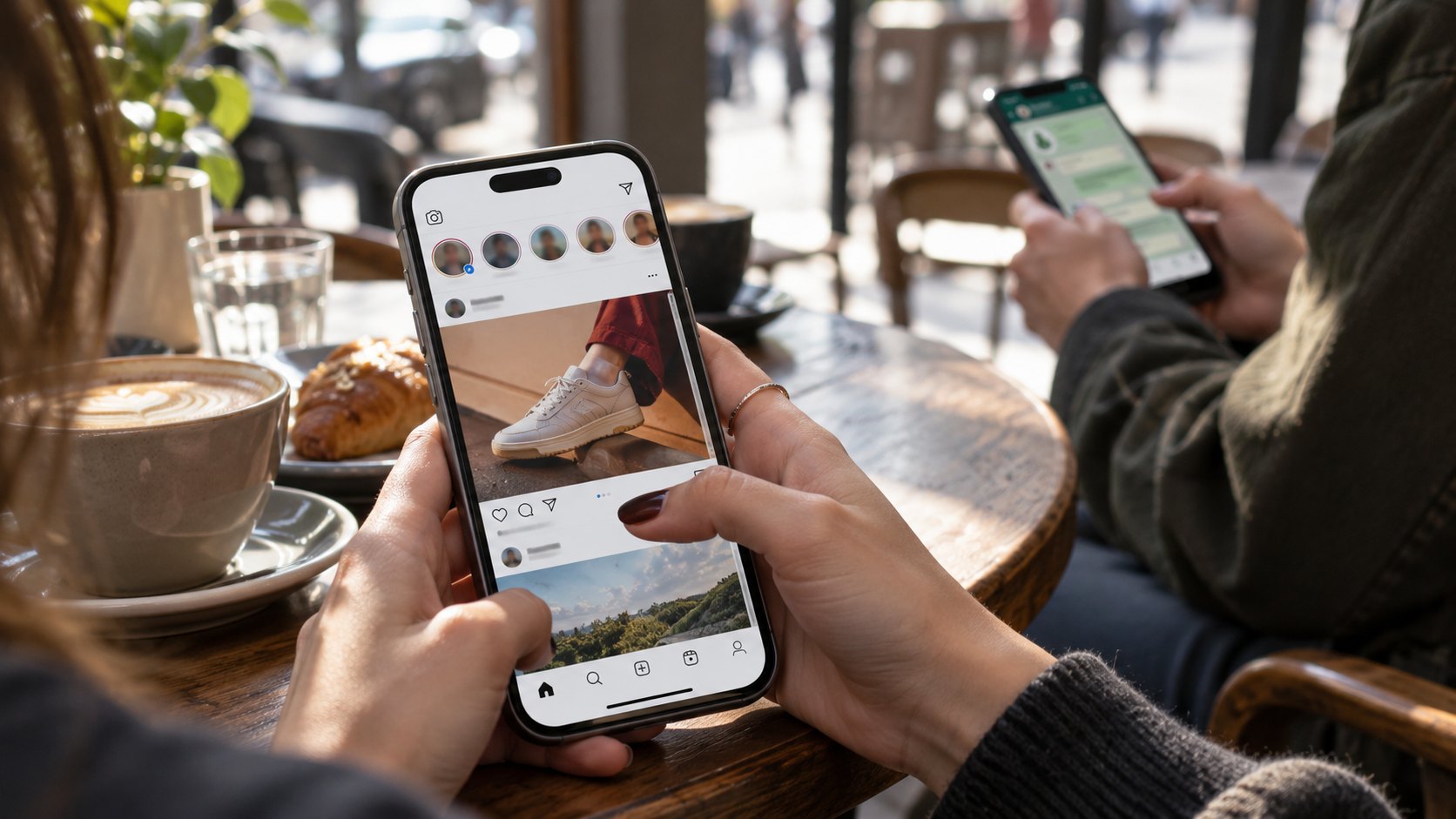 Ilustración editorial generada con IA: una persona sostiene en un café un teléfono con el feed de Instagram y una publicación patrocinada, mientras al fondo otra persona usa WhatsApp; composición conceptual, no es una fotografía real ni muestra a personas identificables.