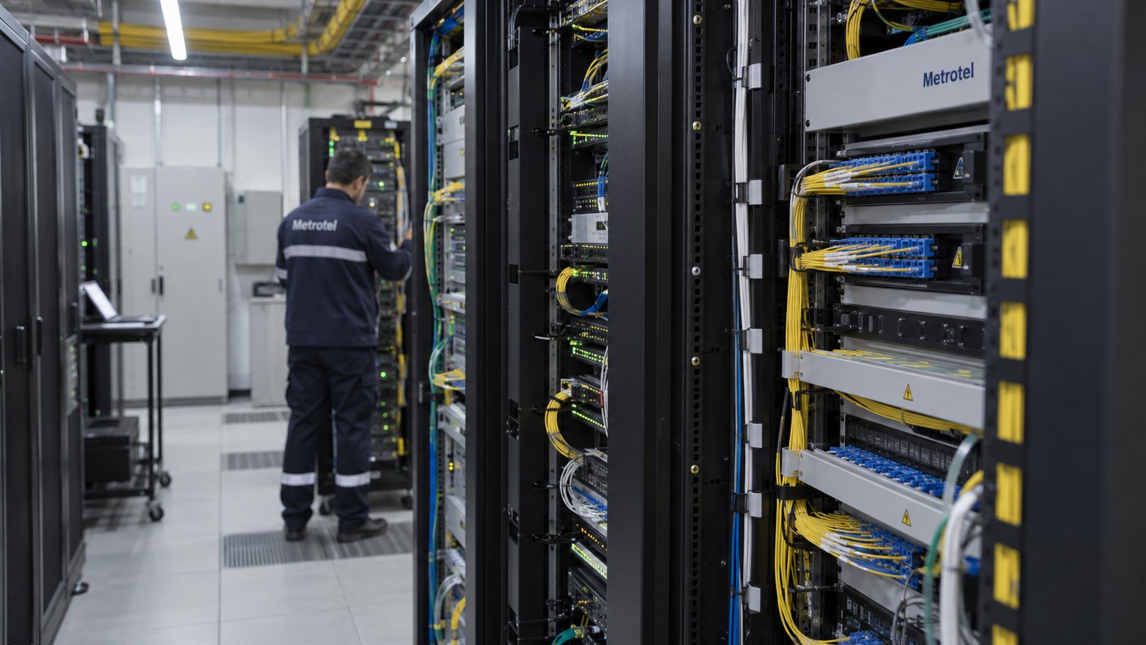 Ilustración editorial generada con IA: un técnico con uniforme de Metrotel revisa racks de equipos con bandejas de fibra óptica en una sala de equipos; composición conceptual, no es una fotografía de instalaciones reales de la empresa.