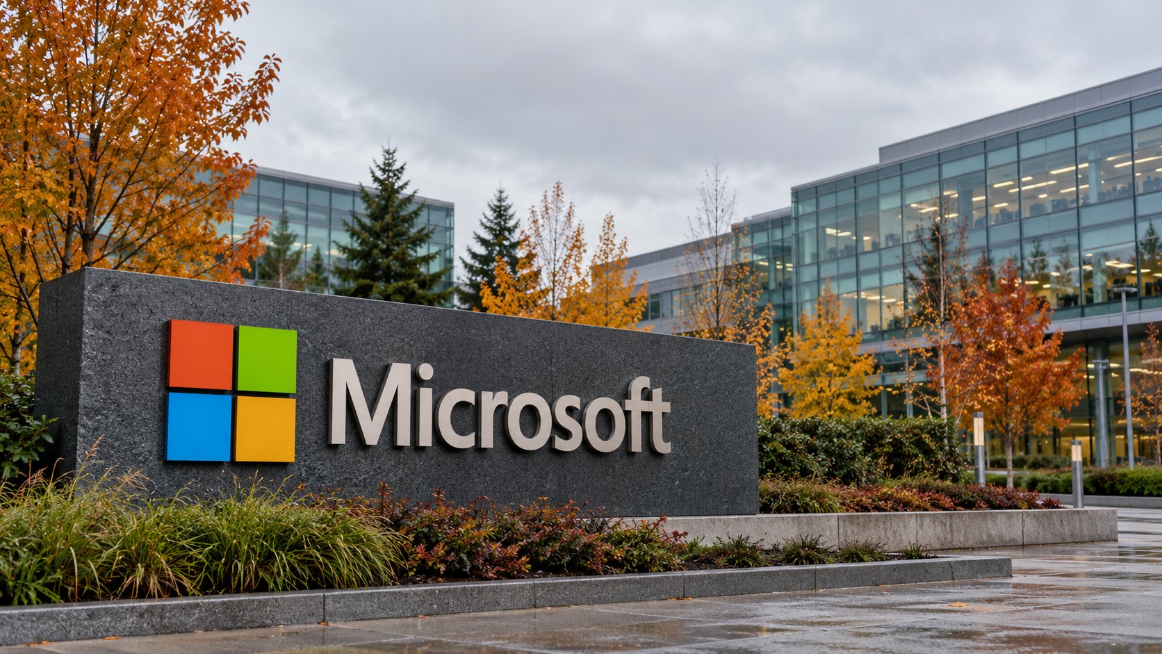Ilustración editorial generada con IA: el cartel con el logo de Microsoft en el campus de la empresa en Redmond, Washington, con edificios de oficinas de fondo; composición conceptual, no es una fotografía de un hecho real.