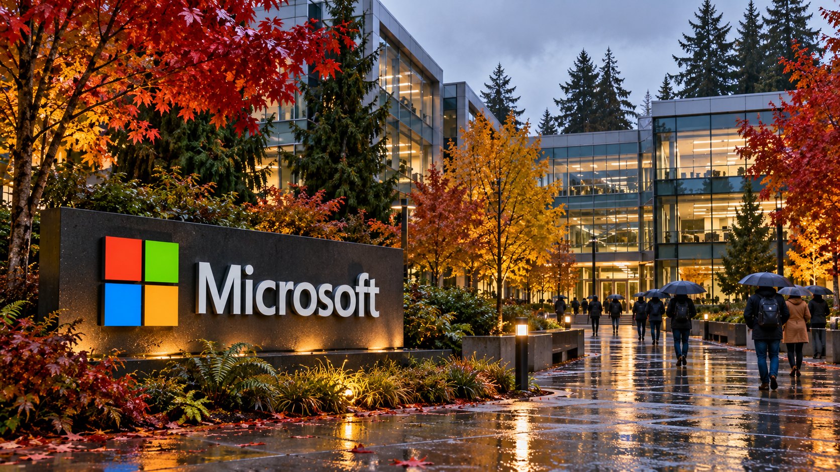 Ilustración editorial generada con IA: la entrada del campus de Microsoft en Redmond en una tarde lluviosa de otoño, con el cartel de la empresa y empleados con paraguas a lo lejos; composición conceptual, no es una fotografía tomada el día de los resultados.