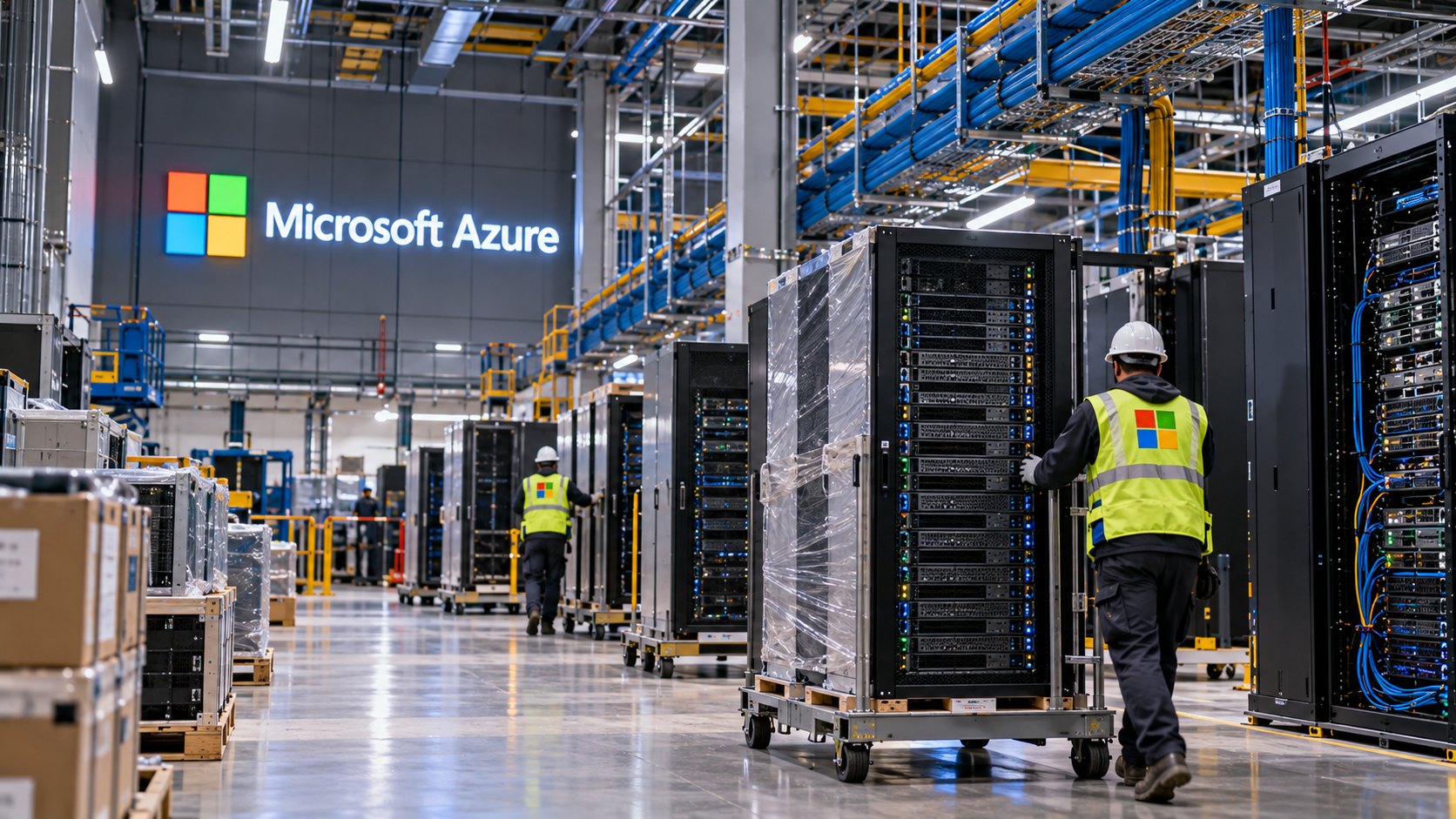 Ilustración editorial generada con IA: técnicos de espaldas instalan hileras de racks de servidores en una nave de un centro de datos con el logo de Microsoft Azure en la pared; composición conceptual, no es una fotografía de una instalación identificada.