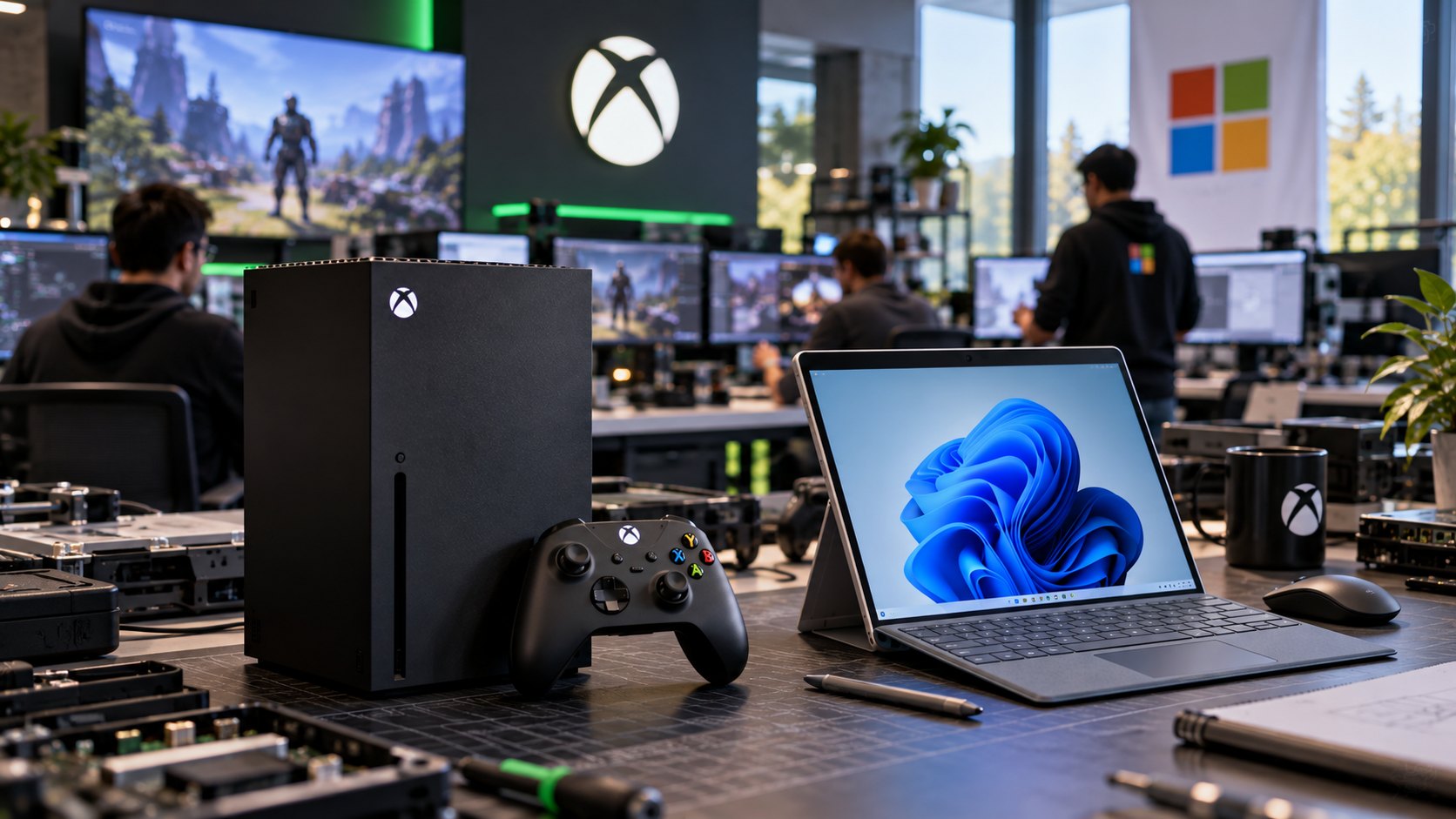 Ilustración editorial generada con IA: una consola Xbox y una laptop con Windows sobre una mesa de un laboratorio de producto, con desarrolladores desenfocados al fondo; composición conceptual, no es una fotografía de una oficina real de Microsoft.