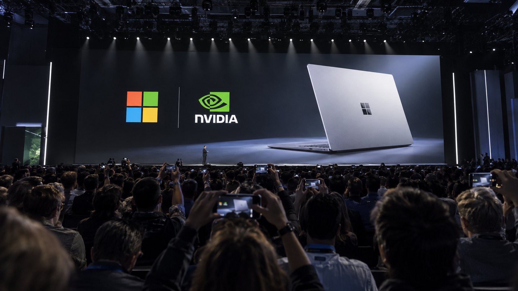 Ilustración editorial generada con IA: el escenario de un evento de lanzamiento con una pantalla gigante que muestra los logos de Microsoft y de NVIDIA junto a una laptop Surface, ante un público de espaldas que filma con sus celulares; no es una fotografía del evento de San Francisco.