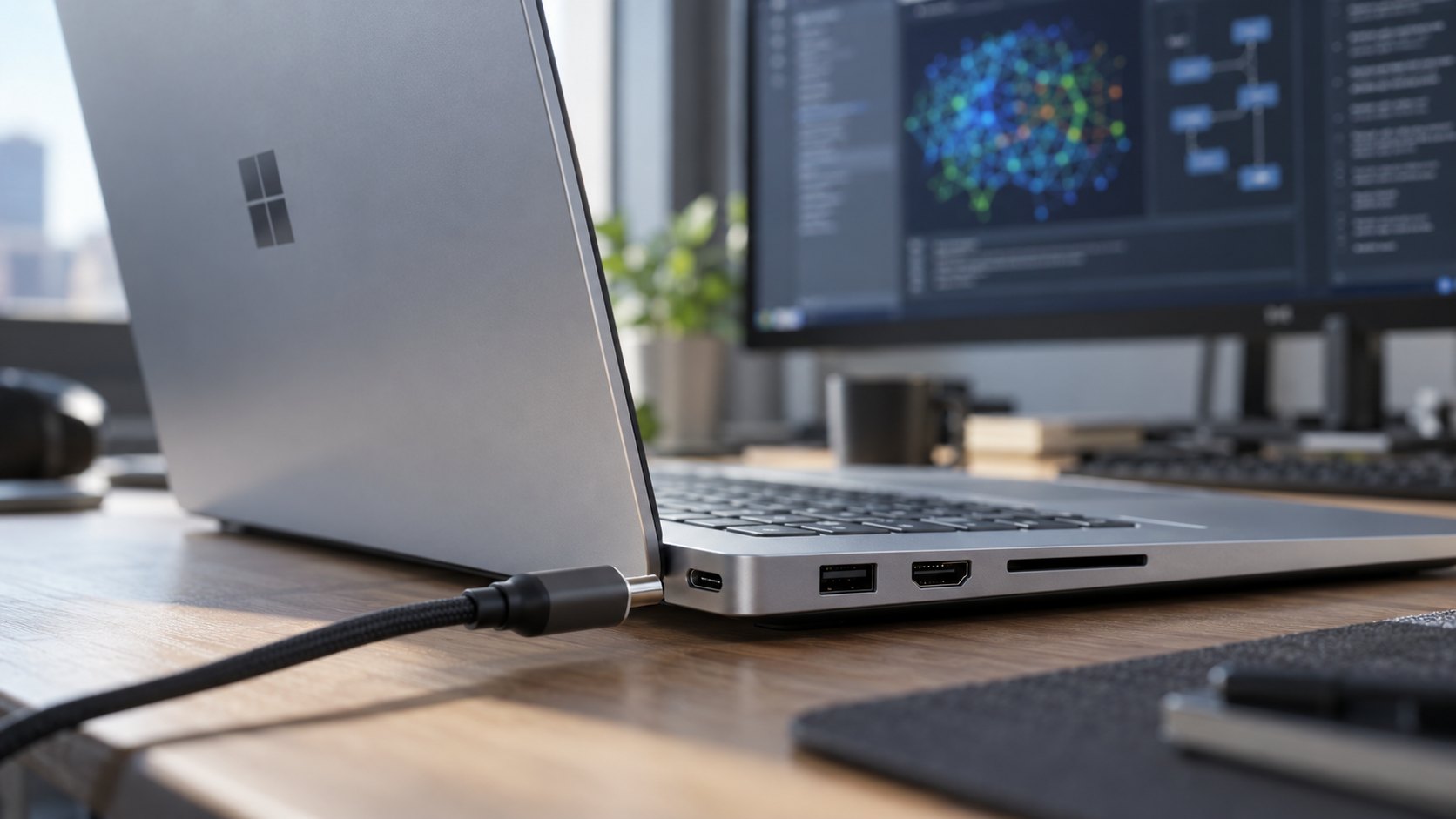 Ilustración editorial generada con IA: primer plano del lateral de una laptop Surface plateada con un cable USB-C conectado junto a los puertos USB-A, HDMI y la ranura para tarjetas SD, con un monitor de desarrollo desenfocado al fondo; composición conceptual, no es una fotografía oficial del producto.