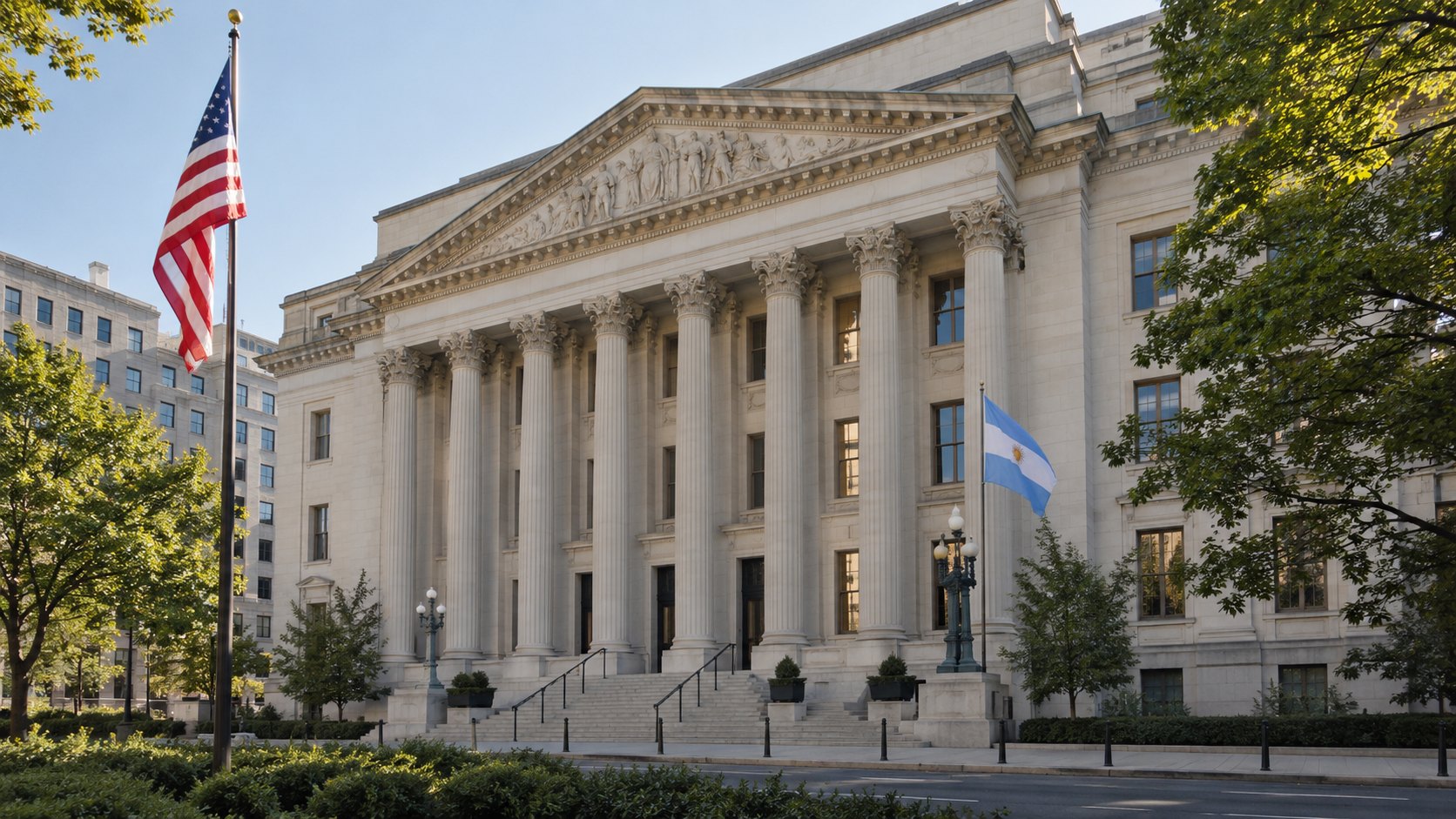 Ilustración editorial generada con IA: un edificio neoclásico de Washington por la mañana, con columnas de piedra clara, una bandera de Estados Unidos en el mástil y una bandera argentina junto a la entrada; composición conceptual sobre la distinción de la Cámara de Comercio de EE.UU., no es una fotografía de su sede ni del acto.