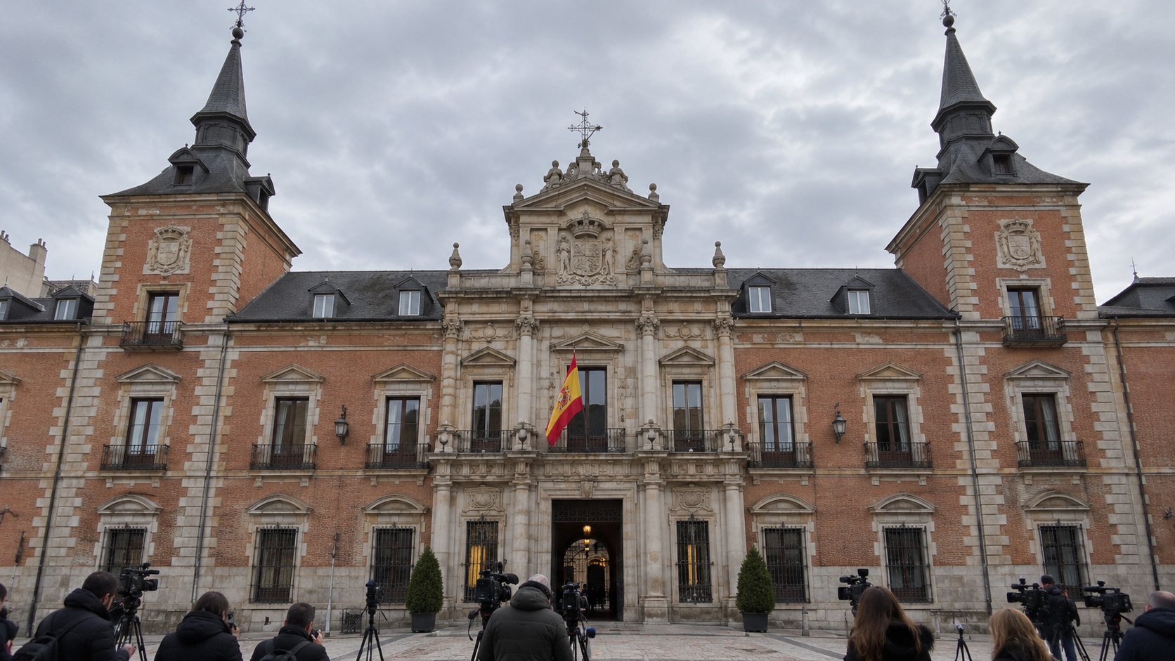 Ilustración editorial generada con IA: la fachada del Palacio de Santa Cruz, sede del Ministerio de Asuntos Exteriores de España en Madrid, con la bandera española en el balcón y periodistas con cámaras frente a la entrada; composición conceptual, no es una fotografía del día del comunicado.