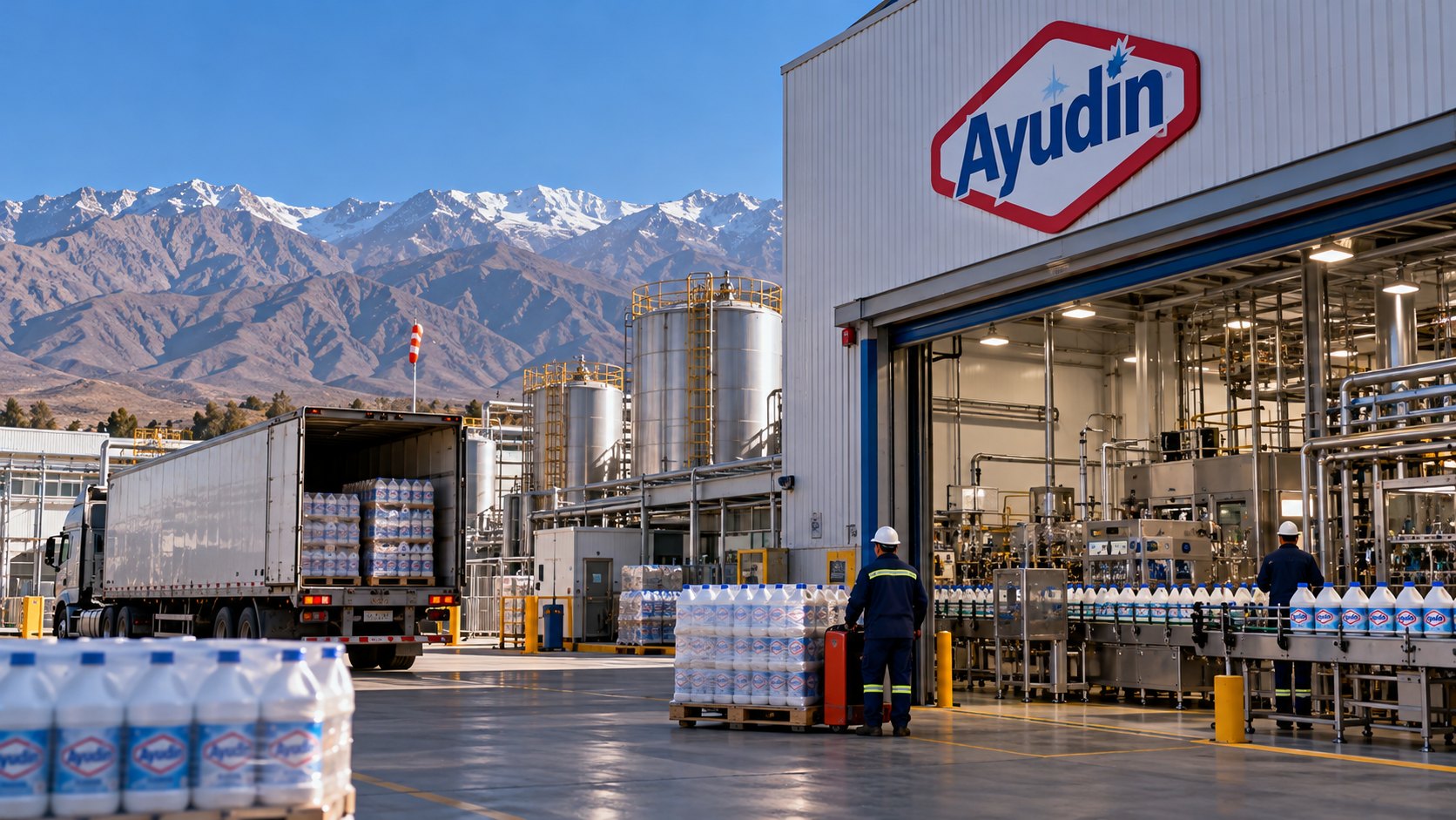 Ilustración editorial generada con IA: una planta de productos de limpieza con el logo de Ayudín en la fachada y la cordillera de los Andes al fondo, con un camión cargando pallets; composición conceptual, no es una fotografía de la planta real de San Juan.