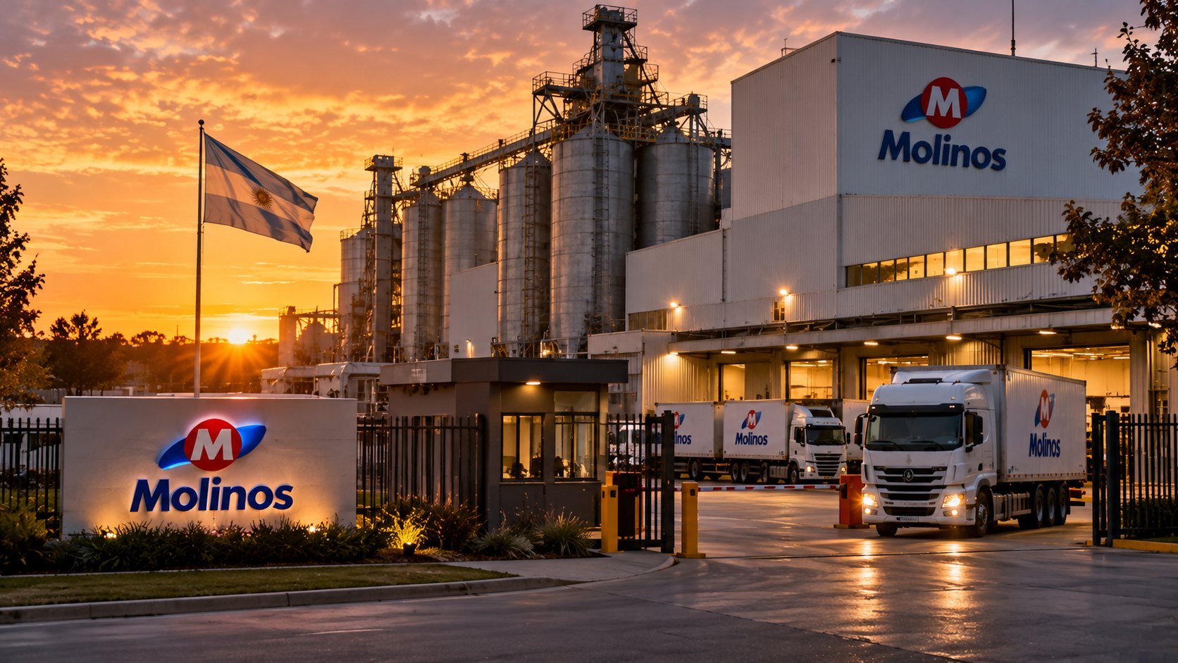 Ilustración editorial generada con IA: una planta de alimentos con el logo de Molinos en la fachada, silos y camiones de distribución saliendo del predio al atardecer, con una bandera argentina; composición conceptual, no es una fotografía de una planta identificada.