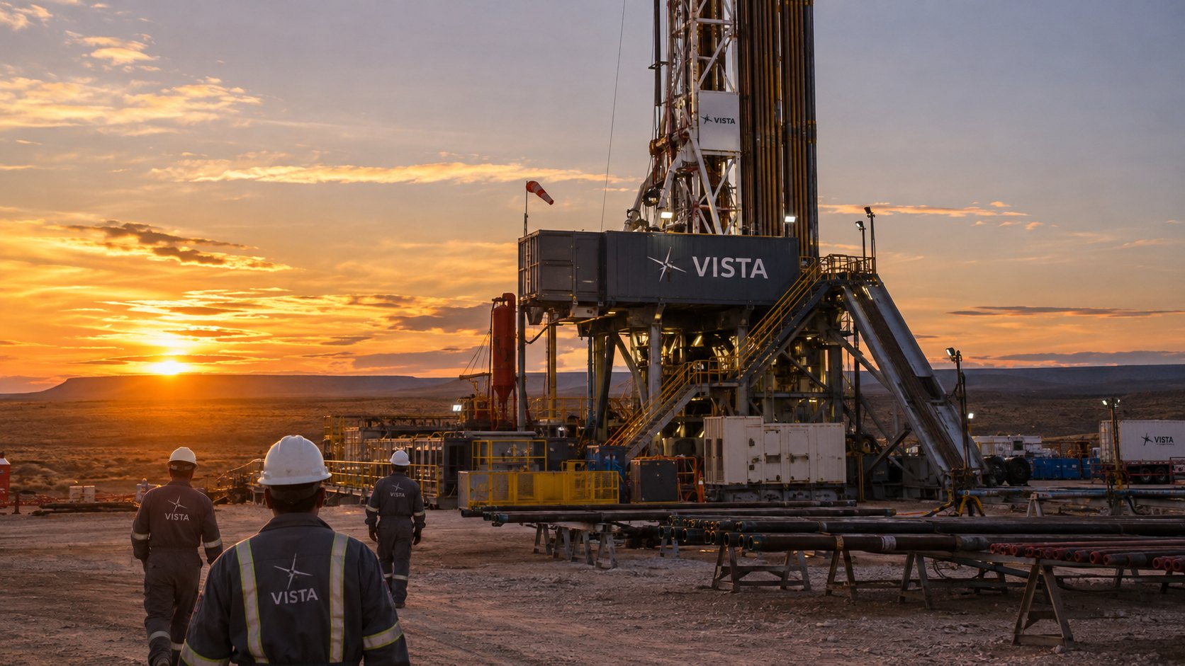 Ilustración editorial generada con IA: un equipo de perforación de Vista Energy en Vaca Muerta, Neuquén, al atardecer; composición conceptual, no es una fotografía de un hecho documentado.
