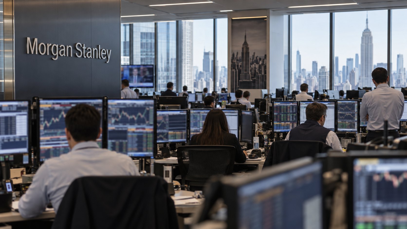 Ilustración editorial generada con IA: un piso de trading de Morgan Stanley en Nueva York, con el nombre de la firma en una pared, operadores de espaldas frente a monitores con gráficos y el horizonte de Manhattan por los ventanales; composición conceptual, no es una fotografía de las instalaciones del banco.