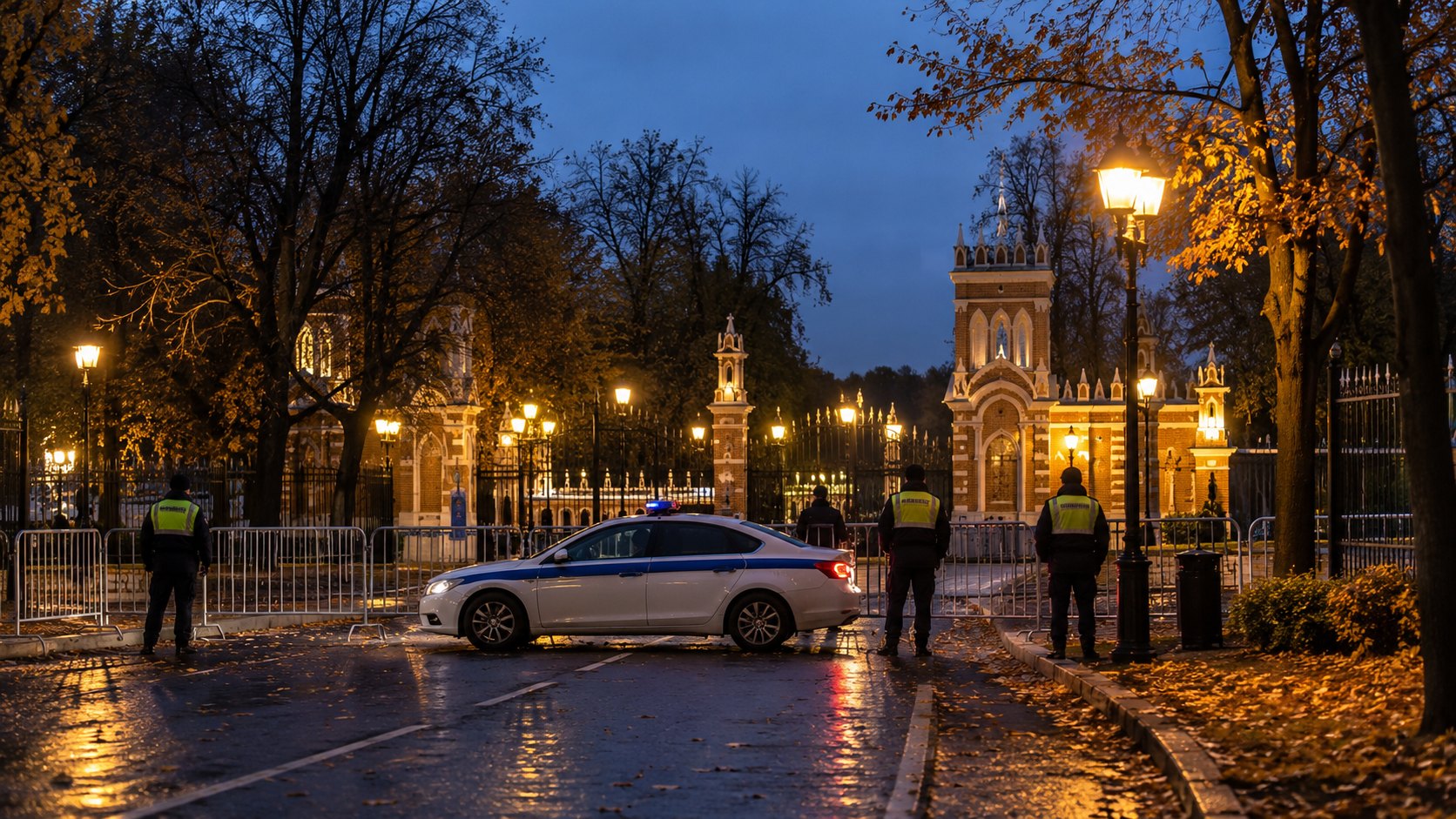 Ilustración editorial generada con IA: la entrada del parque Tsaritsyno de noche, cerrada con vallas metálicas, un patrullero de la policía de tránsito atravesado en la calle y policías con chalecos reflectantes de guardia bajo los faroles; composición representativa, no es una fotografía del operativo real.