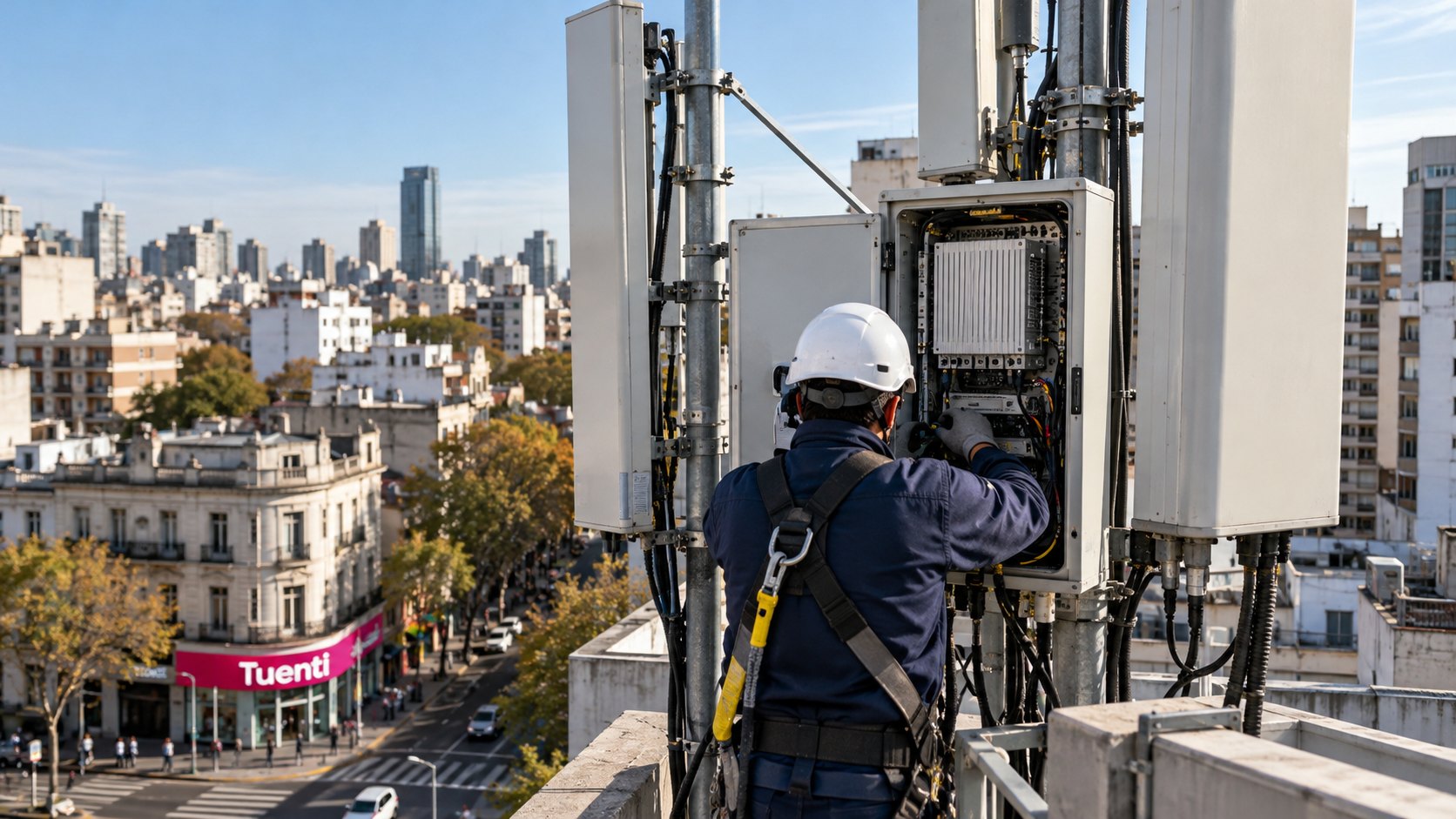 Ilustración editorial generada con IA: un técnico con casco, de espaldas, trabaja en el gabinete de equipos de una antena de telefonía móvil en la terraza de un edificio de Buenos Aires, con la ciudad de fondo y un local con el cartel de Tuenti a nivel de la calle; composición conceptual, no es una fotografía de instalaciones reales de Metrotel ni de Movistar.