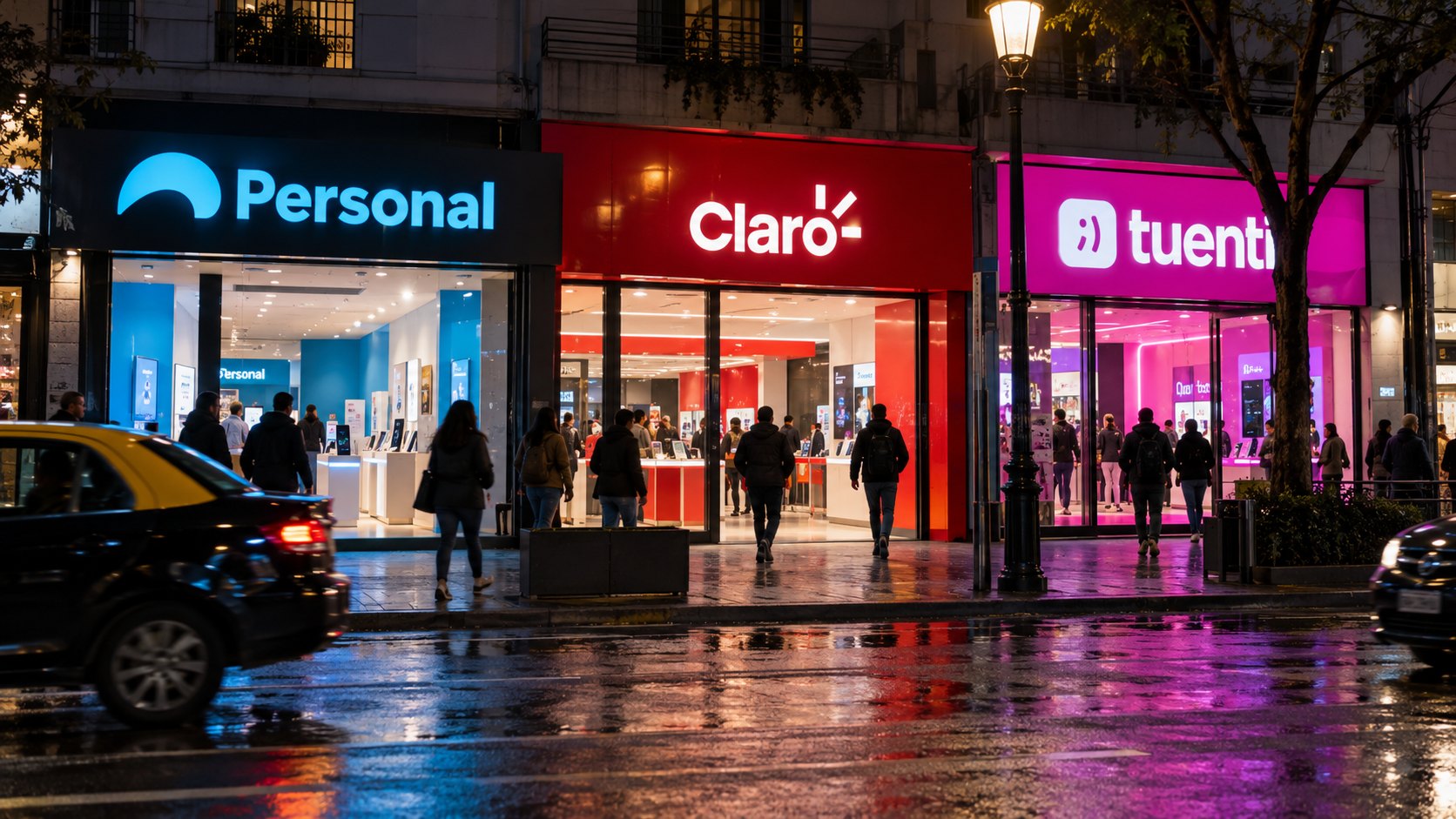Ilustración editorial generada con IA: una avenida de Buenos Aires de noche, con piso mojado, y tres locales de telefonía móvil uno junto al otro con los carteles de Personal, Claro y Tuenti, y peatones de espaldas; composición conceptual de la competencia entre operadores, no es una fotografía de locales reales.